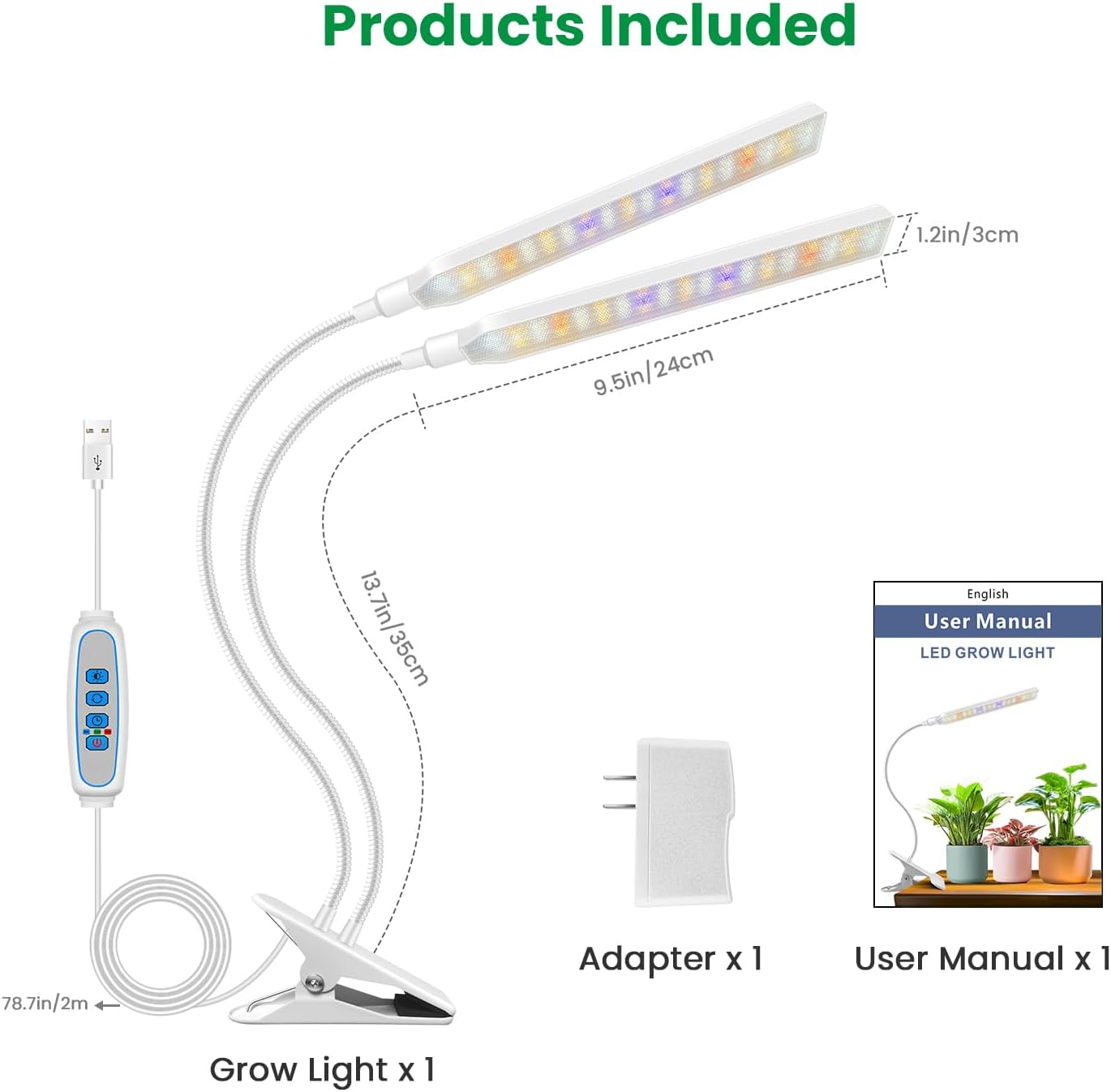 Aumtrly Plant Lights for Indoor Growing, 2 Head 114 LED Full Spectrum Clip on Grow Lights for Indoor Plants with 6/12/16H Timer, 5 Dimming, 3 Light Mode, White Gooseneck Grow Lamp