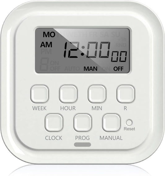 HBN 7 Day Heavy Duty Digital Timer, Dual Outlet, On/Off Programs 3-Prong Programmable Timer, Indoor, for Lamp, Light, Fan, Pets, Home, Kitchen, Office, Appliances, 125V, 15A, 1875W, 60Hz
