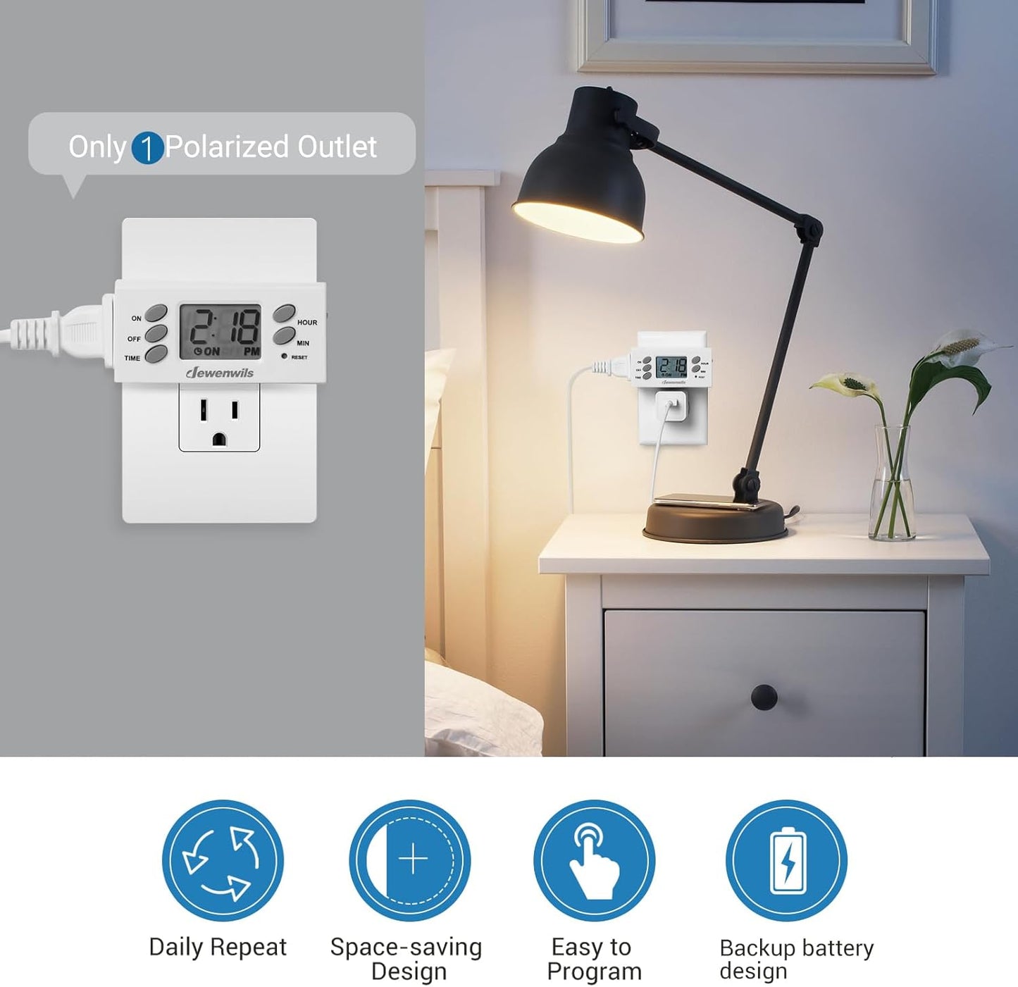 DEWENWILS 24 Hour Outlet Timer, 125V 15A 1000W Timers for Electrical Outlets, 1 Polarized Outlet, Digital Light Timer for Indoor Lamp, Fan, Aquarium, 1/2 HP, 2 Pack,White, UL Listed