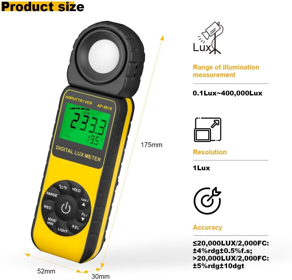 Digital Light Meter,Illuminance Meter Range up to 300,000 Lux Handheld Ambient Temperature 270ºDegree Rotatable Detector/0.4 Second Response