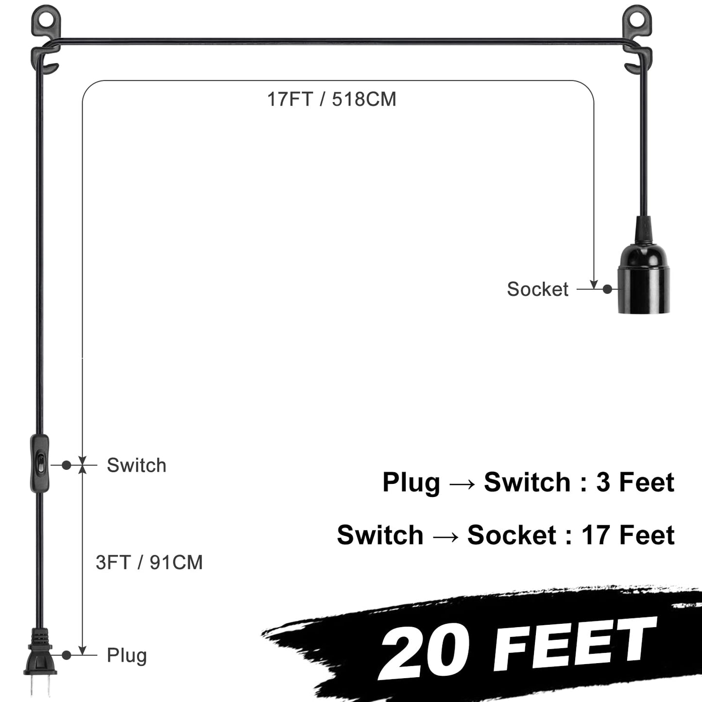 20Ft Extension Hanging Lantern Cord - Black, E26 Light Bulb Socket with Cord, On/Off Switch, Polarized Plug, UL Approval Pendant Light Cable with Socket (No Bulb)