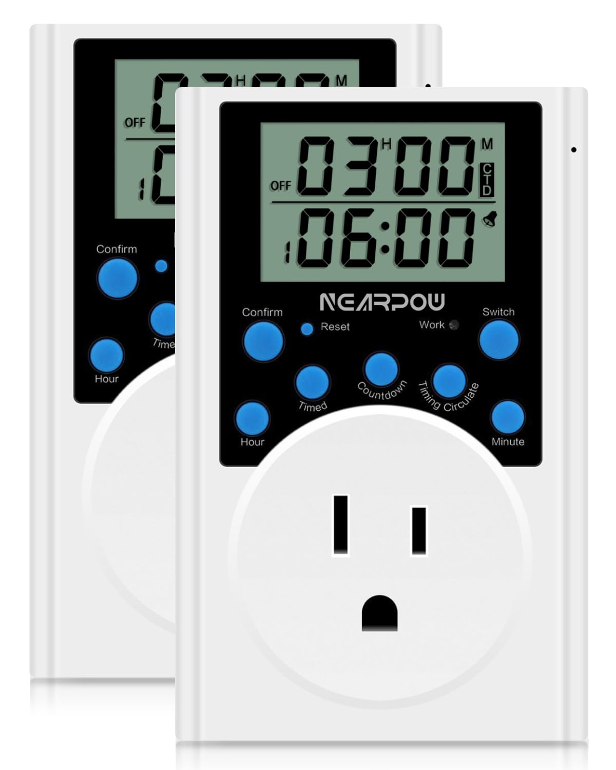 [2 Pack] Timer Outlet, Nearpow Multifunctional Infinite Cycle Programmable Plug-in Digital Timer Switch with 3-Prong Outlet for Appliances, Energy-Saving Timer, 15A/1800W