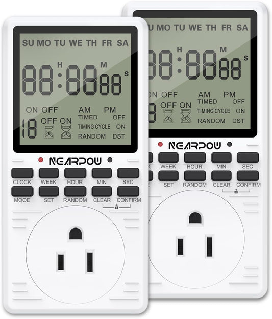 [2 Pack] Outlet Timer, NEARPOW Multifunctional Programmable Timer with Countdown and 7-Day Digital Infinite Repeat Cycle Intermittent, 19 ON/Off Programs for Electrical Outlets, 3 Prong, 15A/1800W