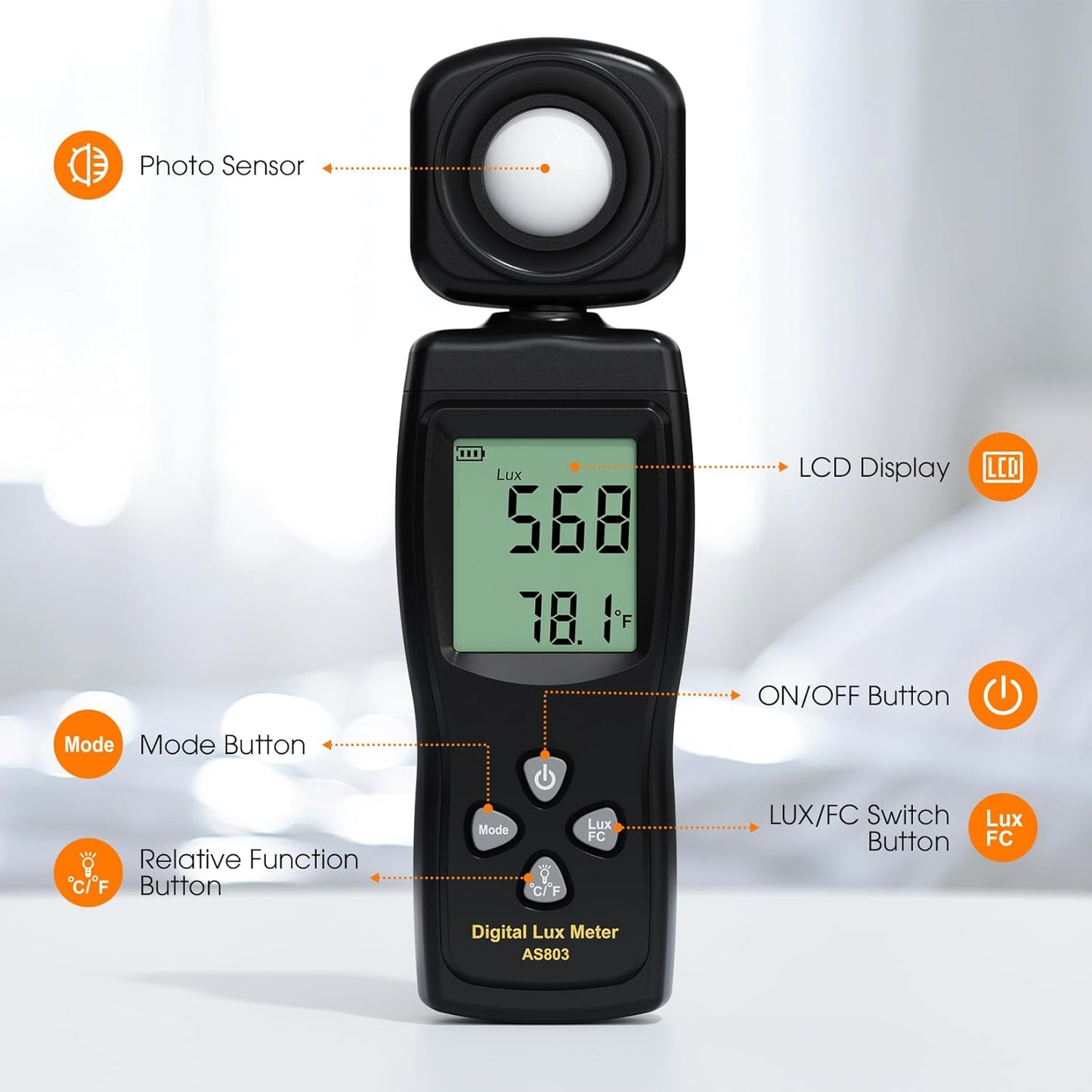 Digital Illuminance Light Meter, 0~200,000 Lux Range with 180º Rotating Sensor Light Meter Foot Candles, Backlight LCD Display, Handheld Light Meter for Plants, Photography, Indoor, Film Camera