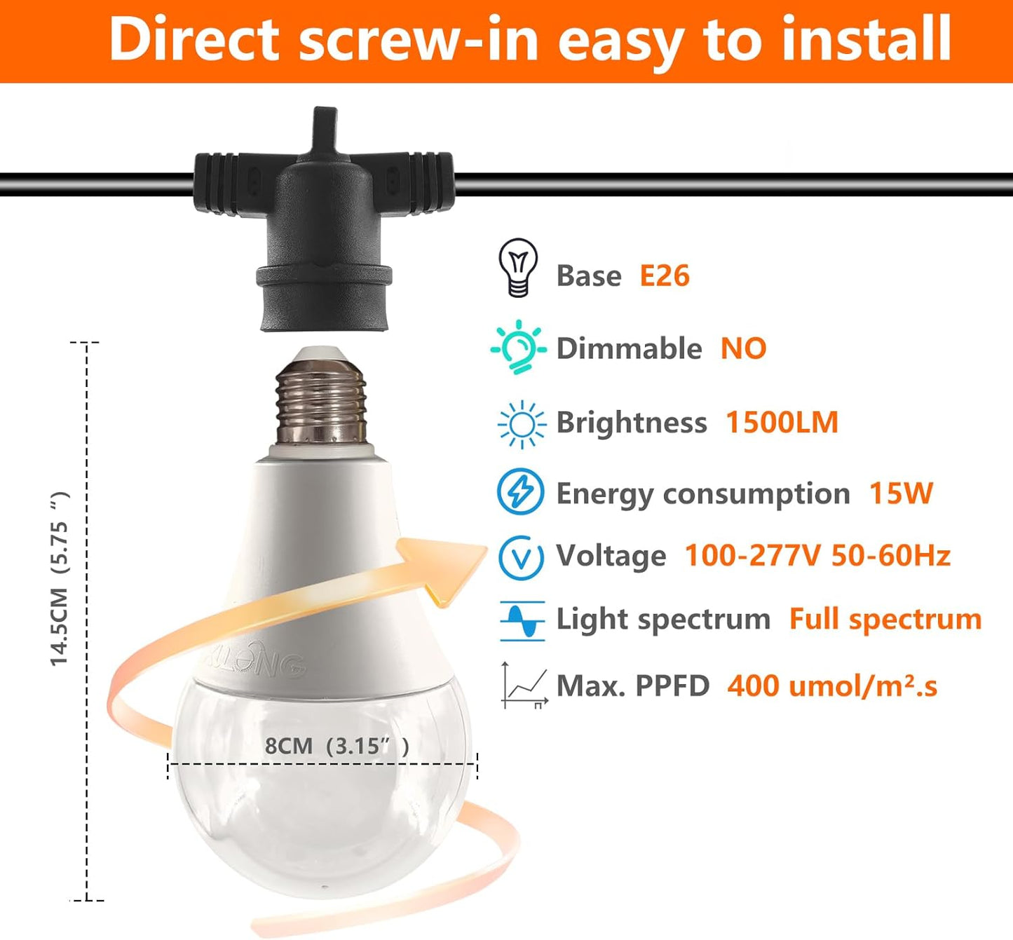 Hanging Grow Light String Bulbs LED Growth Bulb A25, Full Spectrum Plant Light E26 Base 15W, houseplant Growting lamp, Greenhouse Indoor or Outdoor (3 Lights and Cord)