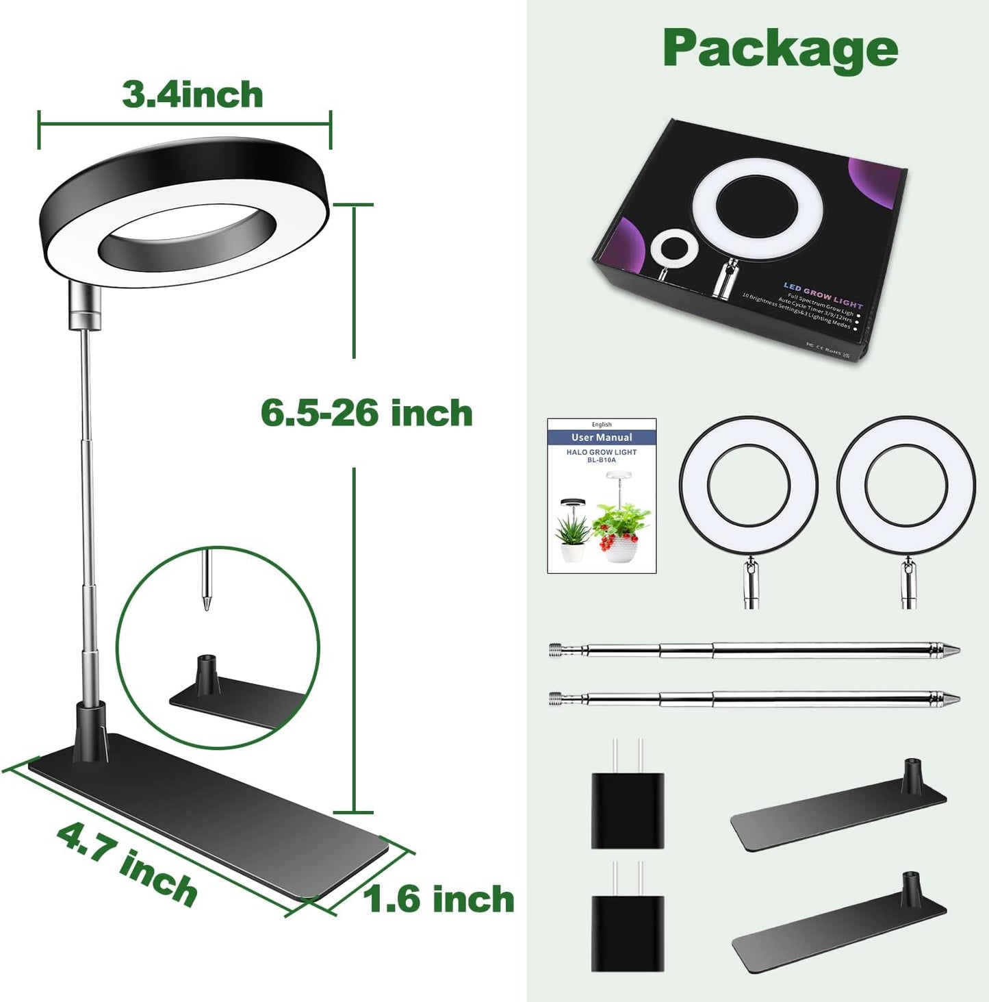 Aokrean Grow Lights for Indoor Plants, 48 LEDs Full Spectrum Plant Light for Indoor Plants, Height Adjustable Growing Lamp with Base, 3 Optional Spectrums, Auto Timer 3/9/12Hrs, 10 Brightness, 2 Pack