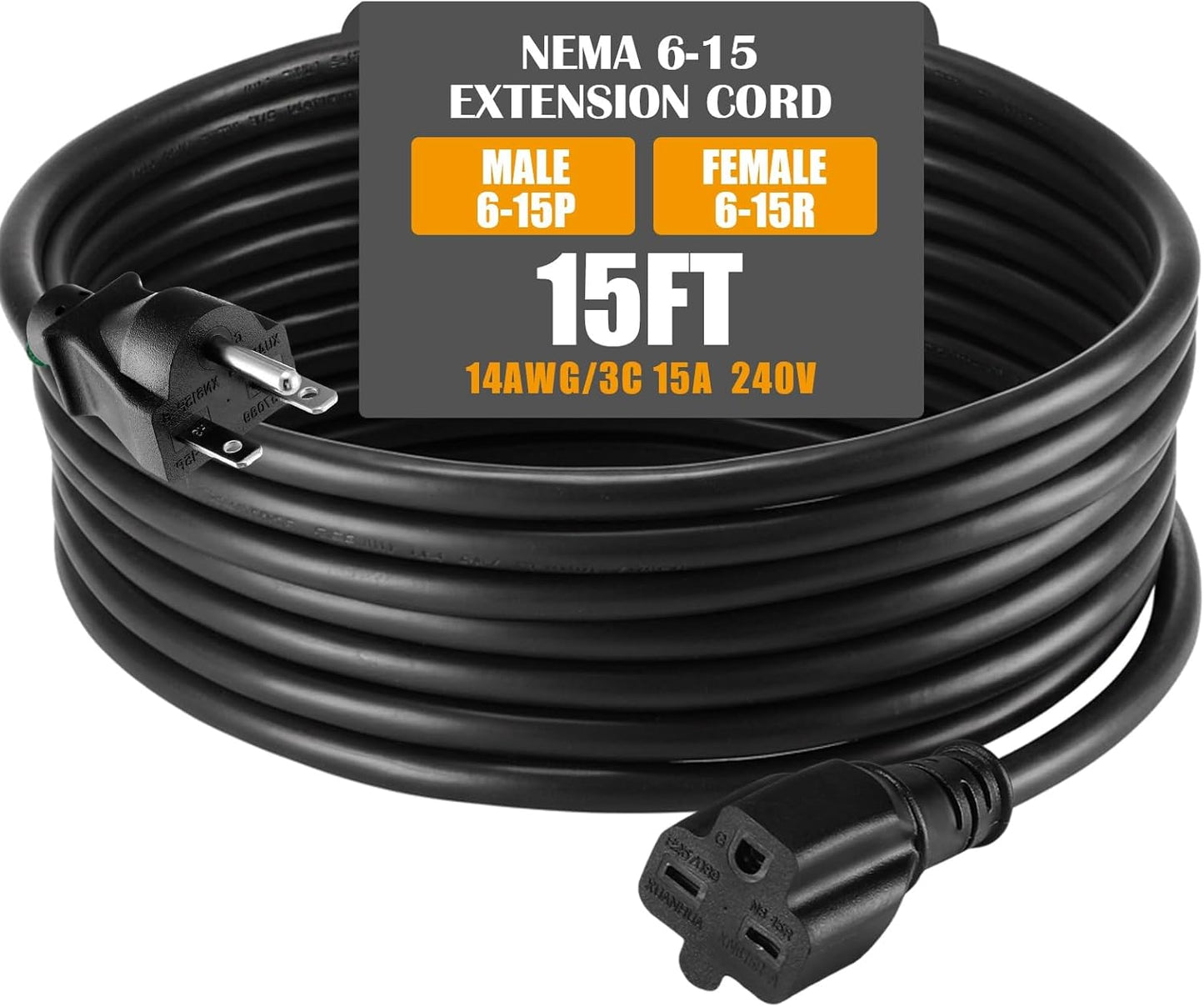 Tellegloww 15ft NEMA 6-15 Extension Cord 6-15P Male to 6-15R Female, 15 AMP Power Cable for 220/240V Air Condition, LED Grow Lights, Digital Ballast Power Cord Heavy Duty 14/3 AWG, 240V, 3750W, Black