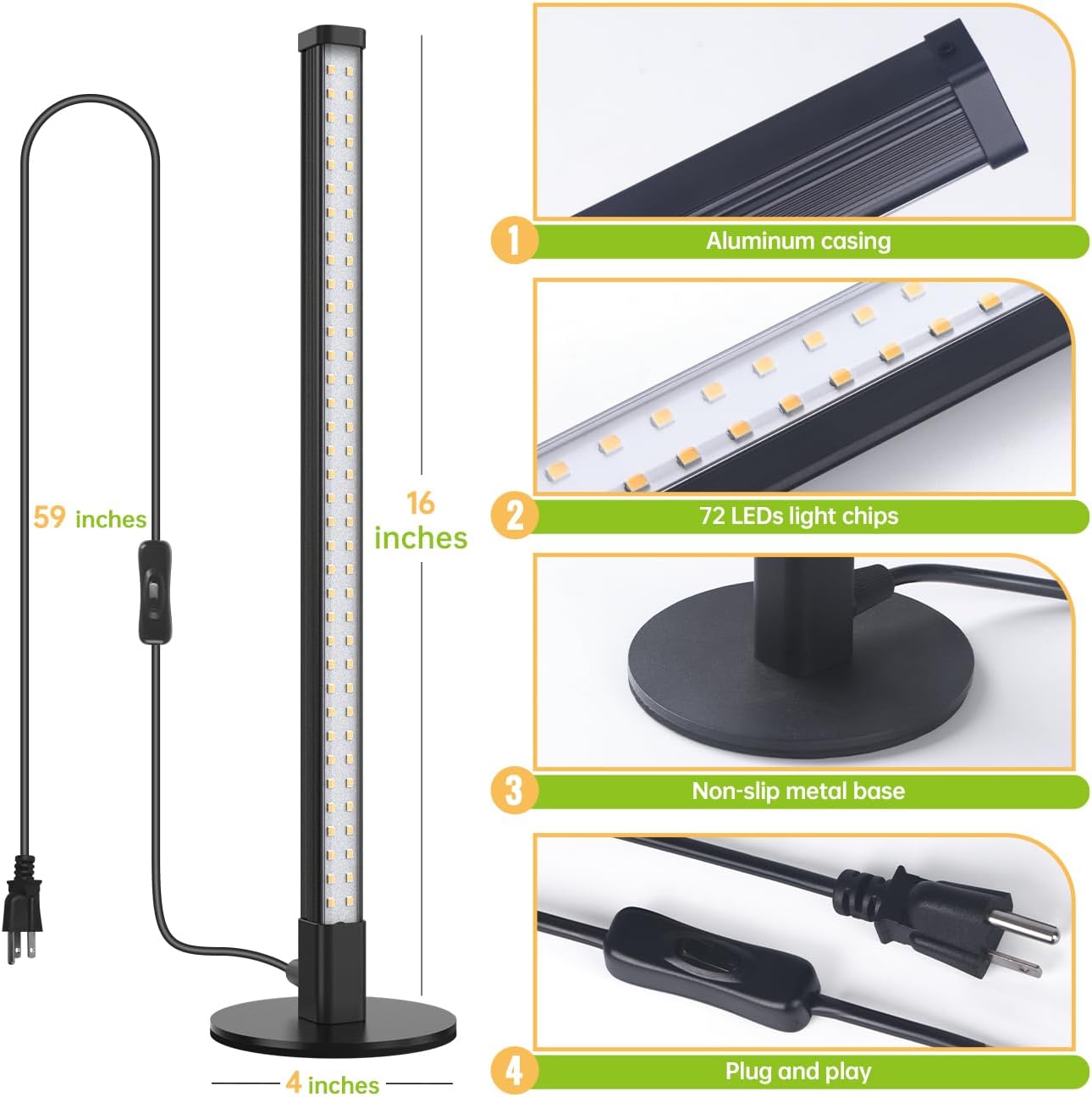 Vertical Grow Light, 72 LEDs Full Spectrum Light Bar, 5000K Wide Illumination Area Desk Light,1.4FT Stand Plant Lamp for Tall Houseplants, Tropical Plants, Foliage with On/Off Switch