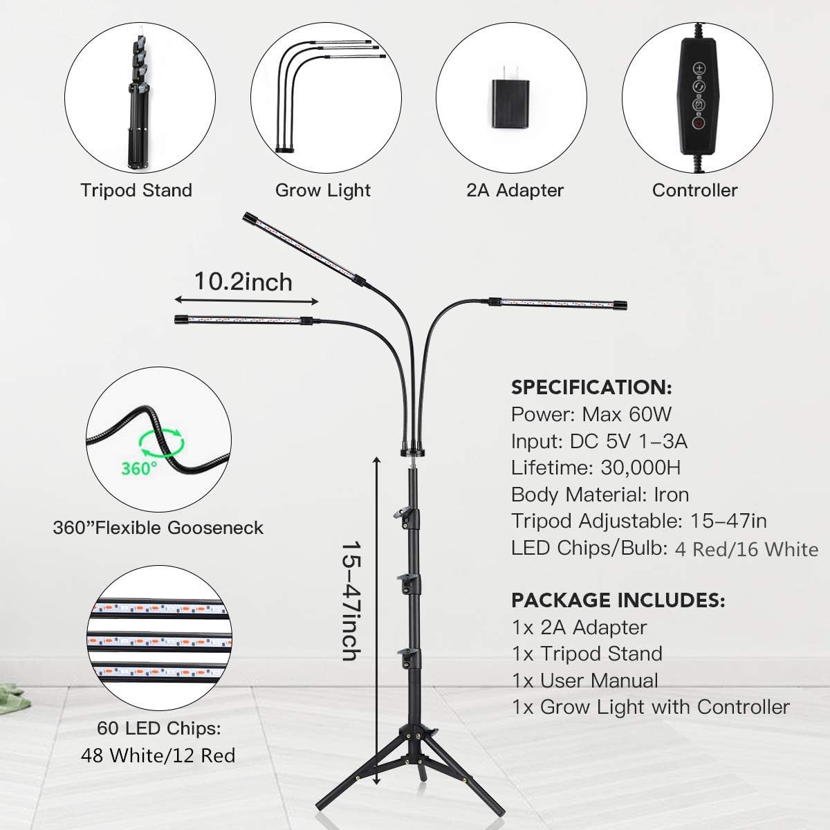 GHodec Grow Light with Stand, 60 LED 5500K Full Spectrum Floor Plant Light for Indoor Plants Growing,5 Dimmable Levels & Auto On/Off Timer,Tripod Stand Plant Lamp Height Adjustable