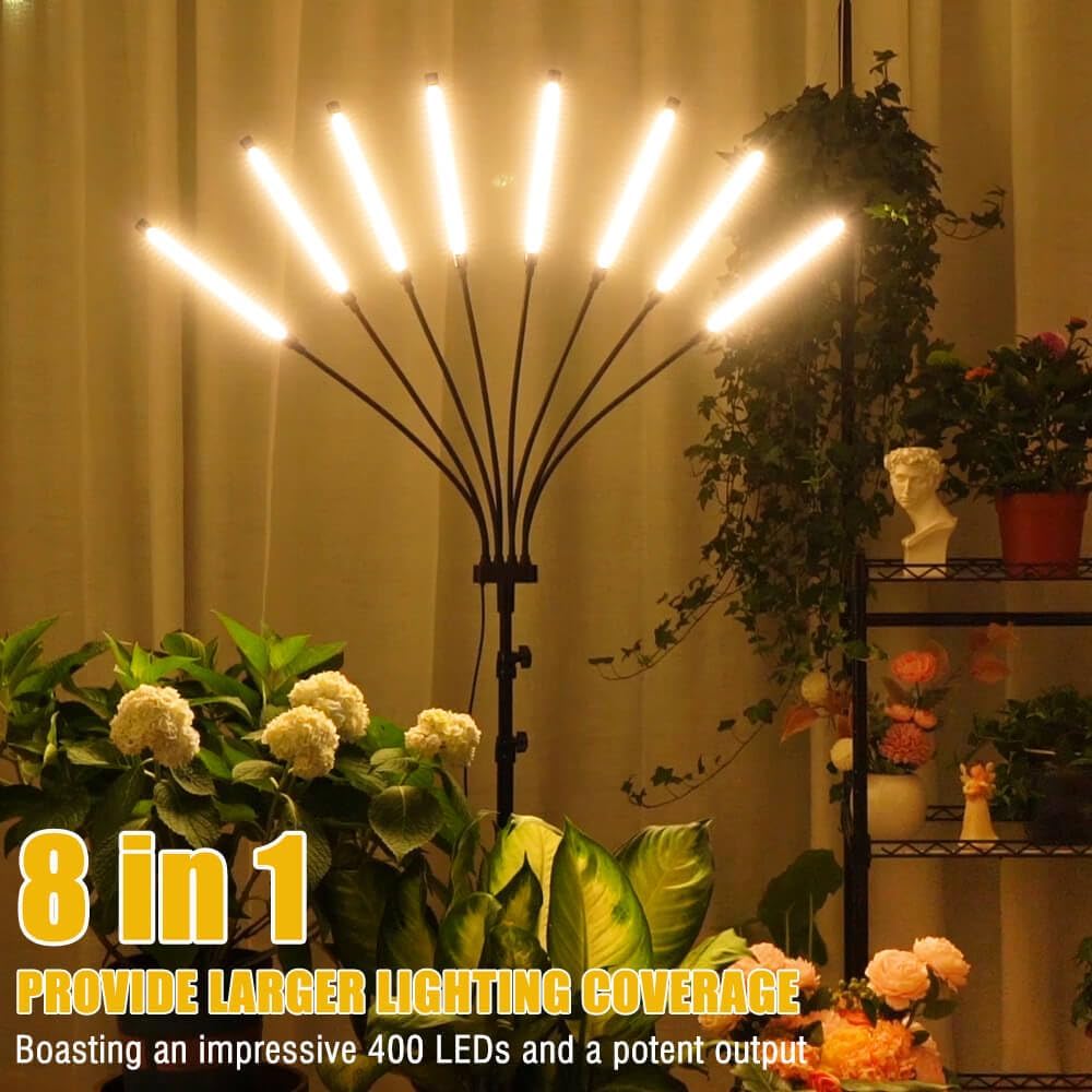 Grow Lights for Indoor Plants [ 8 in1 ] 400 LEDs, Full Spectrum Plant Lights for Indoor Growing with Tripod Stand, Auto On/Off Timing 4/8/12H, Plant Grow Lights Indoor.