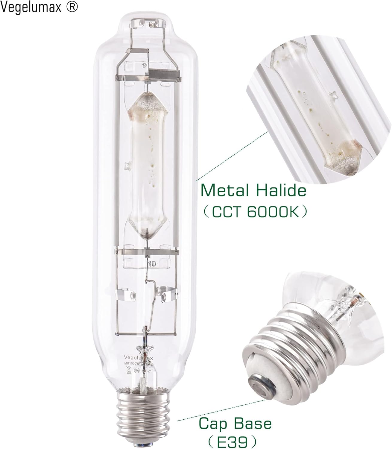 MH 1000W Metal Halide Single Ended HID Grow Light Bulb Lamp High PAR Enhanced Blue and Violet Spectrums for Hydroponic Horticulture Vegetative Growth,CCT 6000K,92,000Lumens,E39 Base