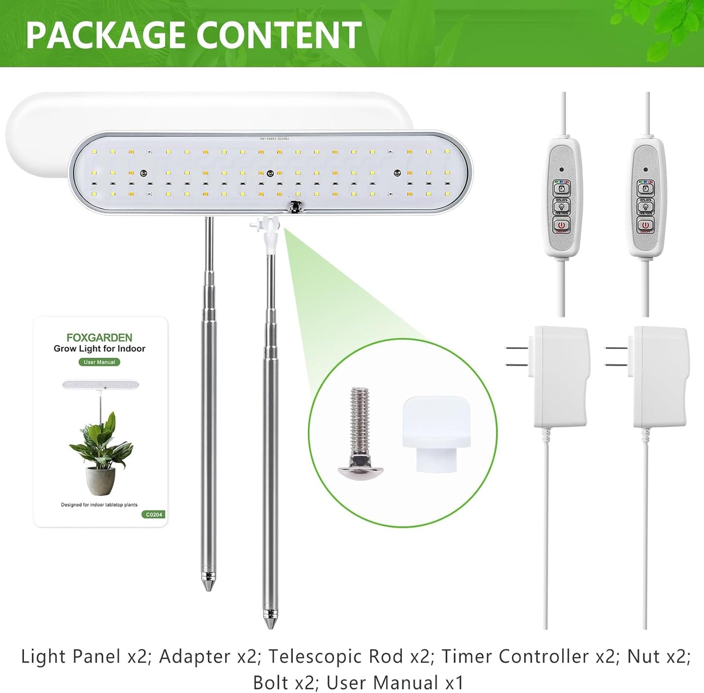 FOXGARDEN Grow Light, Full Spectrum LED Grow Lamp, Plant Lights for Indoor，Auto Timer 4/8/12H, 4 Dimmable, Height Adjustable 8.5"-24", Growing Lights 2 Pack