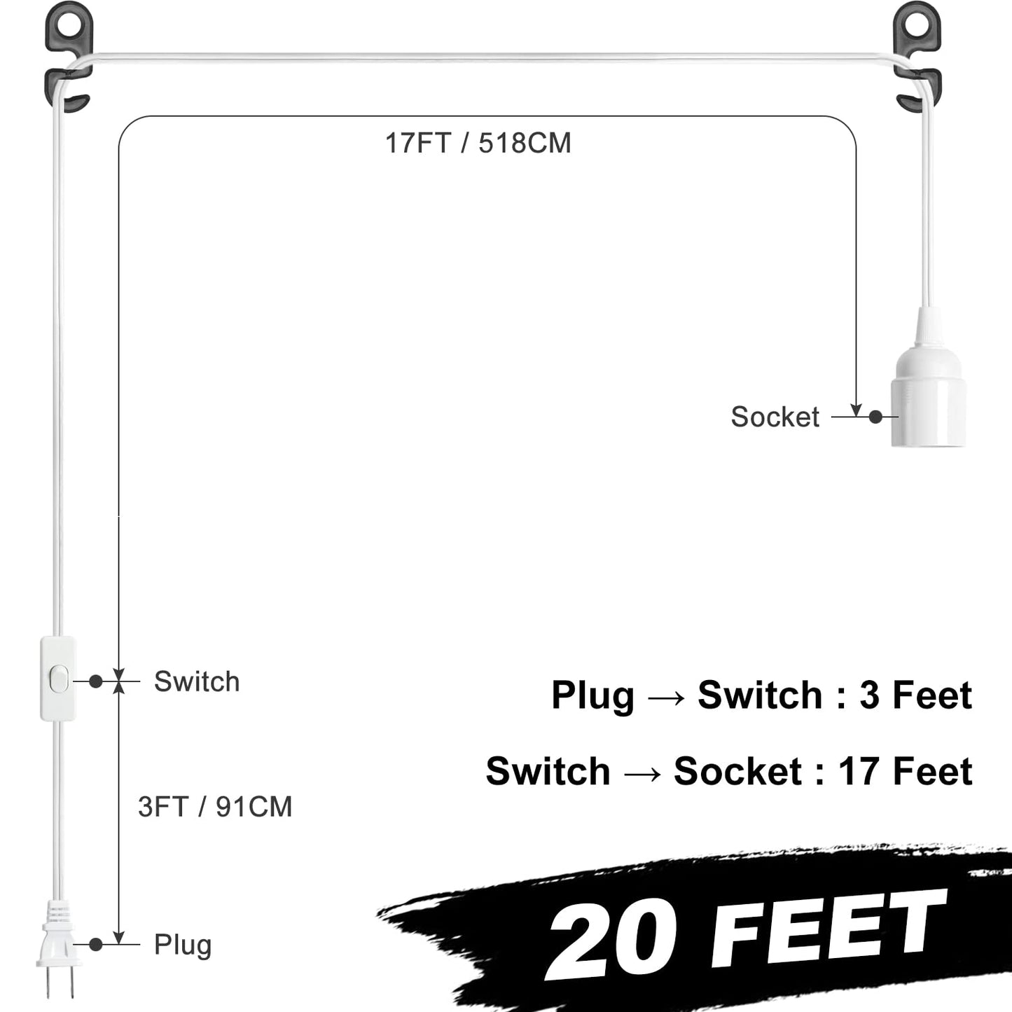 20Ft Extension Hanging Lantern Pendant Light Cord - White, E26 Light Bulb Socket with Cord, On/Off Switch, Polarized Plug, UL Approval Hanging Light Cable with Socket (No Bulb)