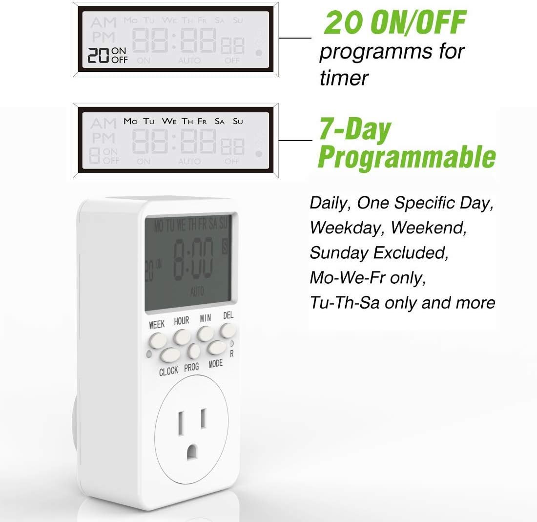7-Day Programmable Digital Countdown Plug Timer for 110V AC, Energy-Saving Indoor Timer Outlet