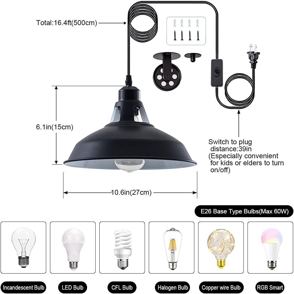 Plug in Pendant Light Industrial Pulley Pendant Lamp E26 Vintage Hanging Light Fixture With 16.4ft Cord On/Off Switch For Pool Table,Houseplant Grow lights,Kitchen Island,Sink 2 Pack Black