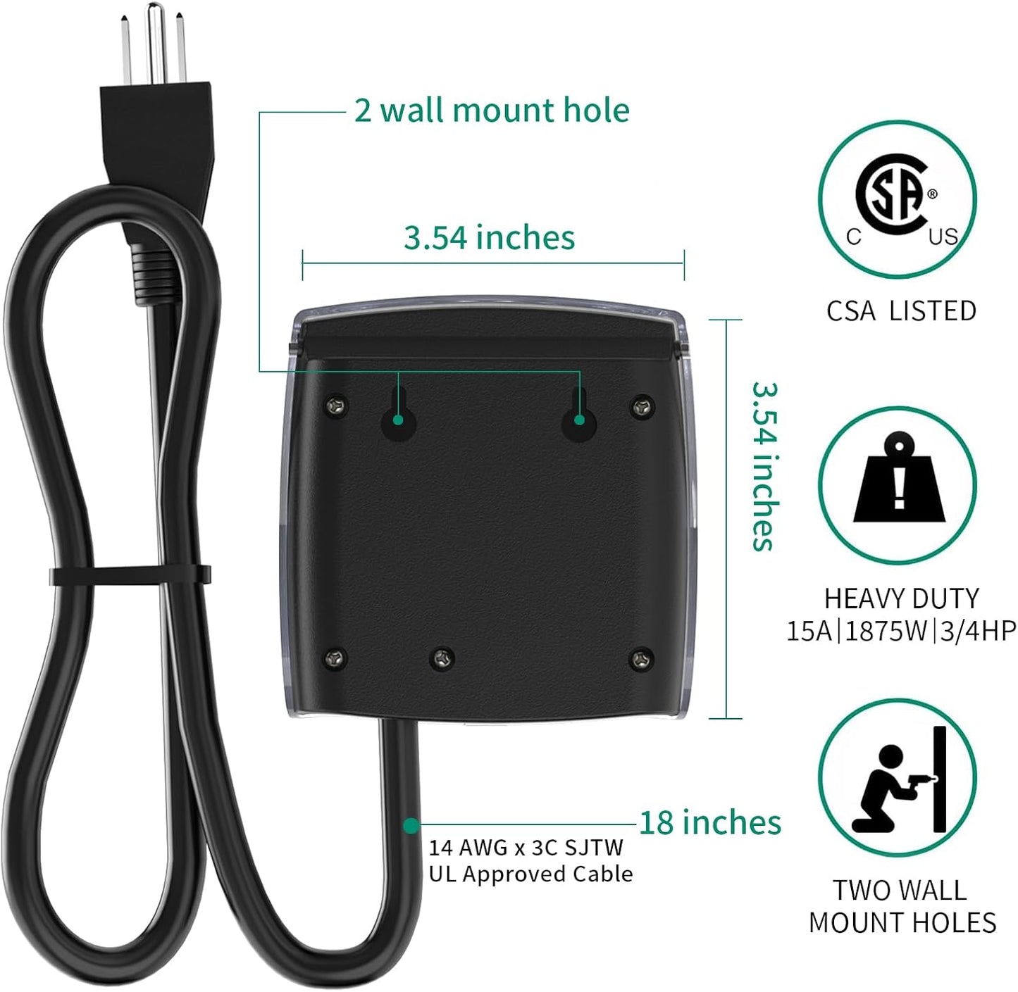 G-Homa [Enhanced] Outdoor Timers, Mechanical 24 Hour Timer Outlet, Outdoor Light Timer Waterproof with Protective Cover, 18 in Cord, 15A 3/4HP, CSA Listed, Ideal for Engine Block Heater, Pool Pump