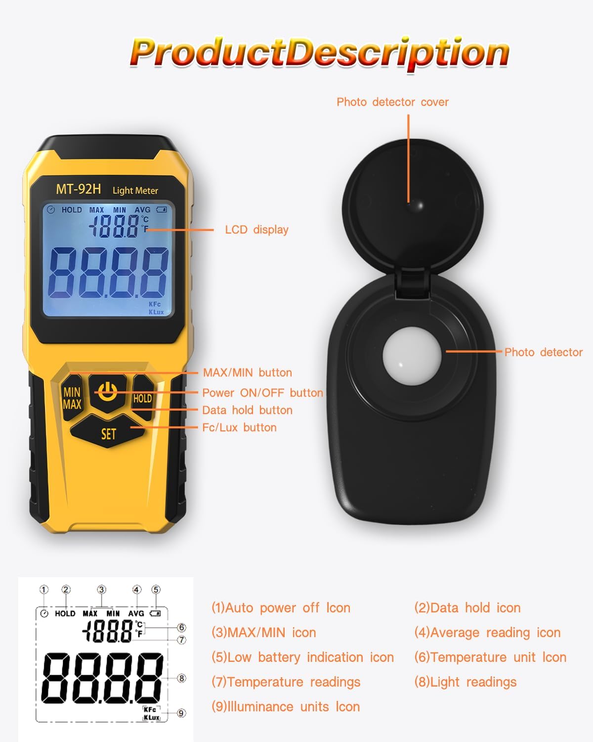 MT-92H Light Meter with Split Sensor Lux/Foot Candles Meter 500ms Refresh Rates Range up to 200,000 Lux Switchable Backlight Temperature Measurer 14℉-140℉