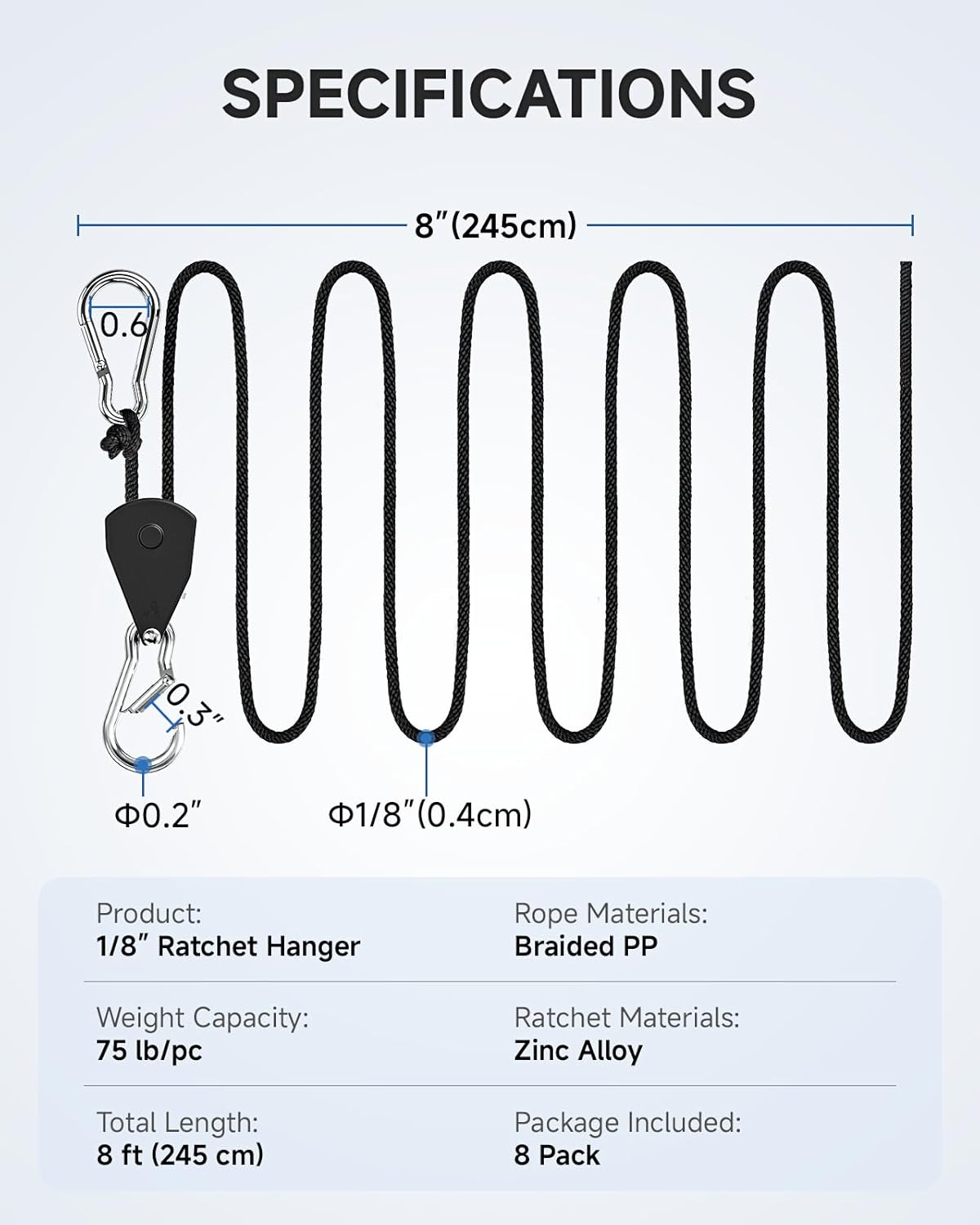 Fondwell 1/8" Adjustable Grow Light Hangers: 8 Pack of Tie Downs Rope - Small Ratchet Straps for Various Hanging and Strapping