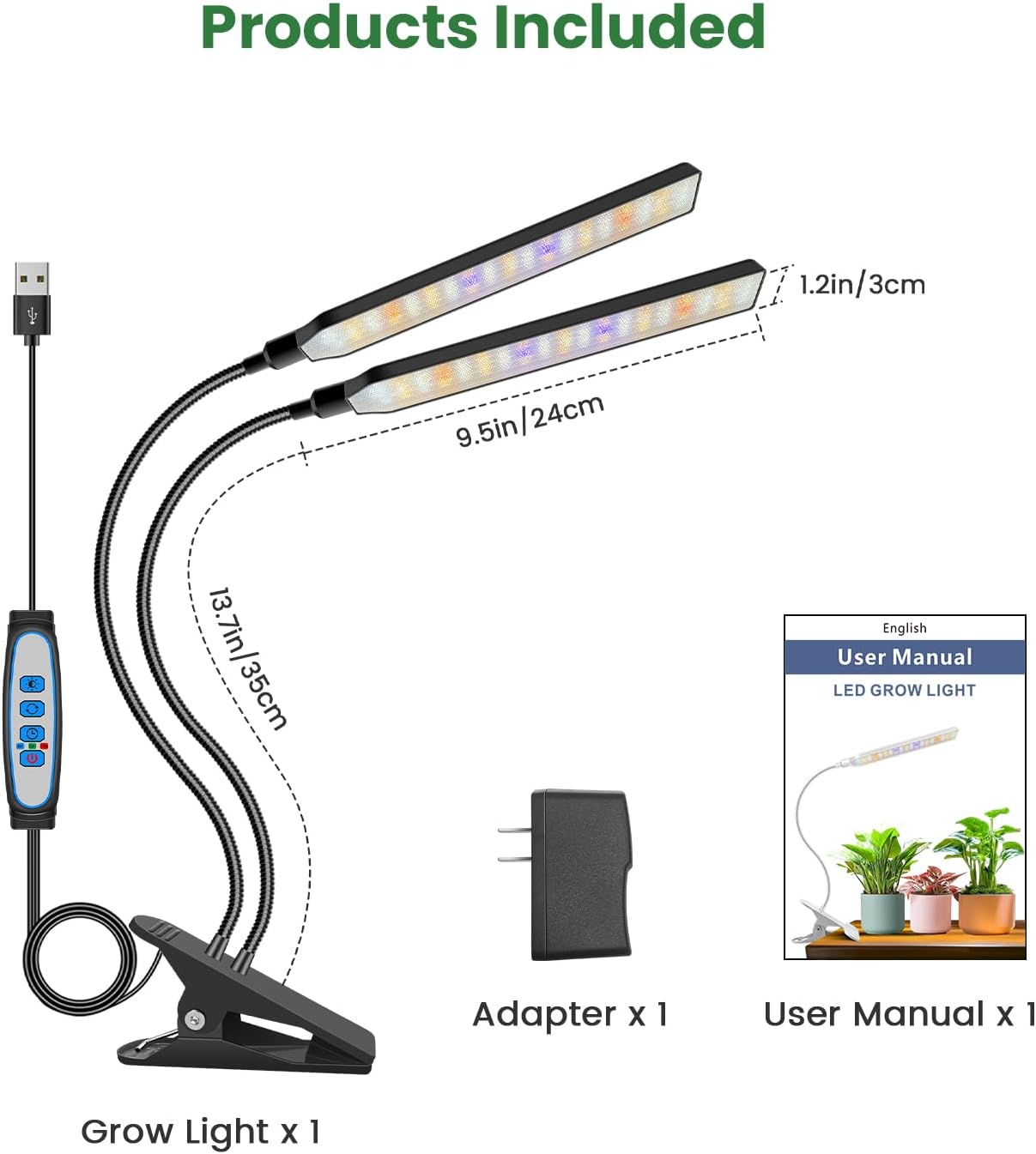 Kullinss Black Grow Light, 2-Head Plant Lights for Indoor Growing with 6/12/16H Timer, 3 Color Modes, 5 Dimmable Levels, 114 LEDs Full Spectrum Clamp Grow Lamp for Indoor Plants, Herbs, Seedlings