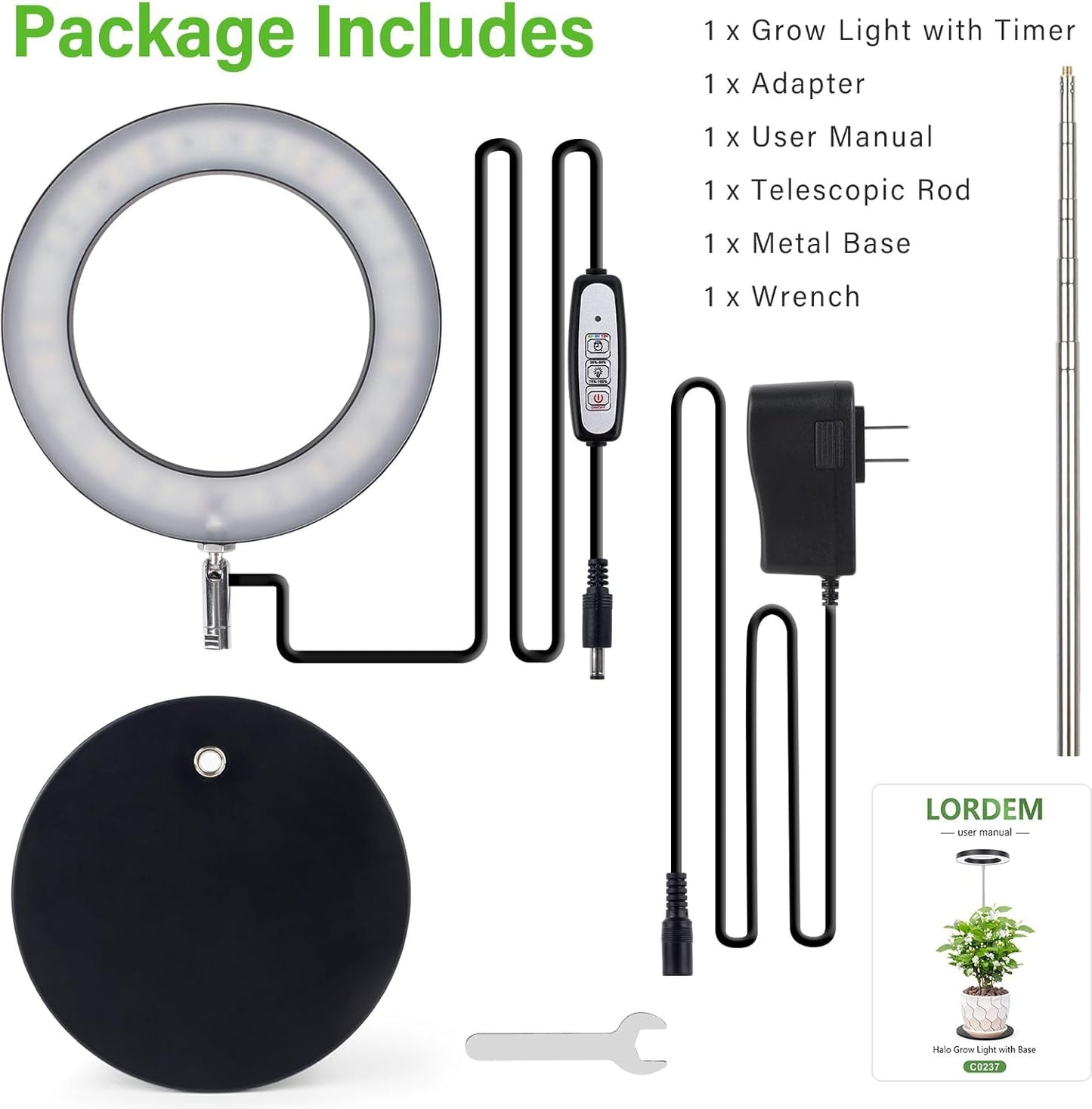 LORDEM Grow Light, LED Plant Light for Indoor Plants Growing, Full Spectrum Desk Growth Lamp with Automatic Timer for 4H/8H/12H, 4 Dimmable Levels, Height Adjustable 9.8"-30.6", Black