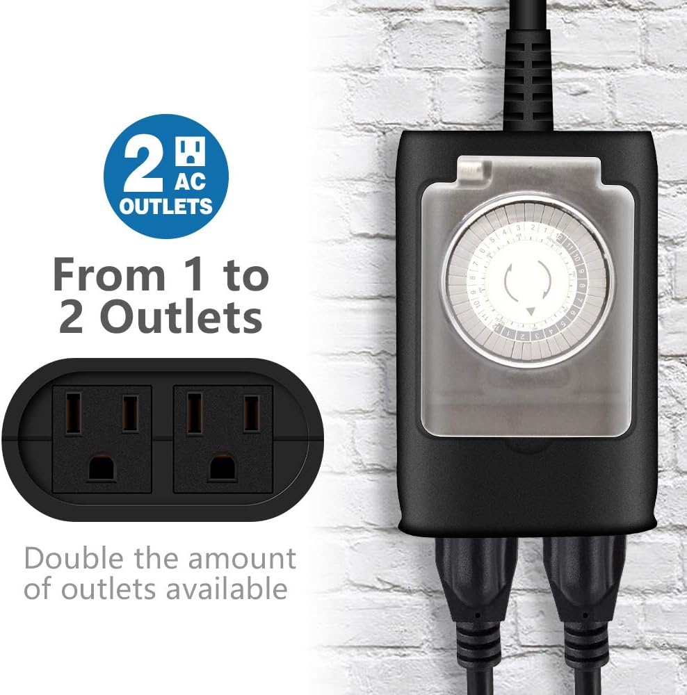 K KASONIC - Outdoor Light Timer Outlet, 24 Hour Mechanical Switch, Heavy Duty Plug in Timer Waterproof with 2 Grounded Outlet, ETL Listed (Black)