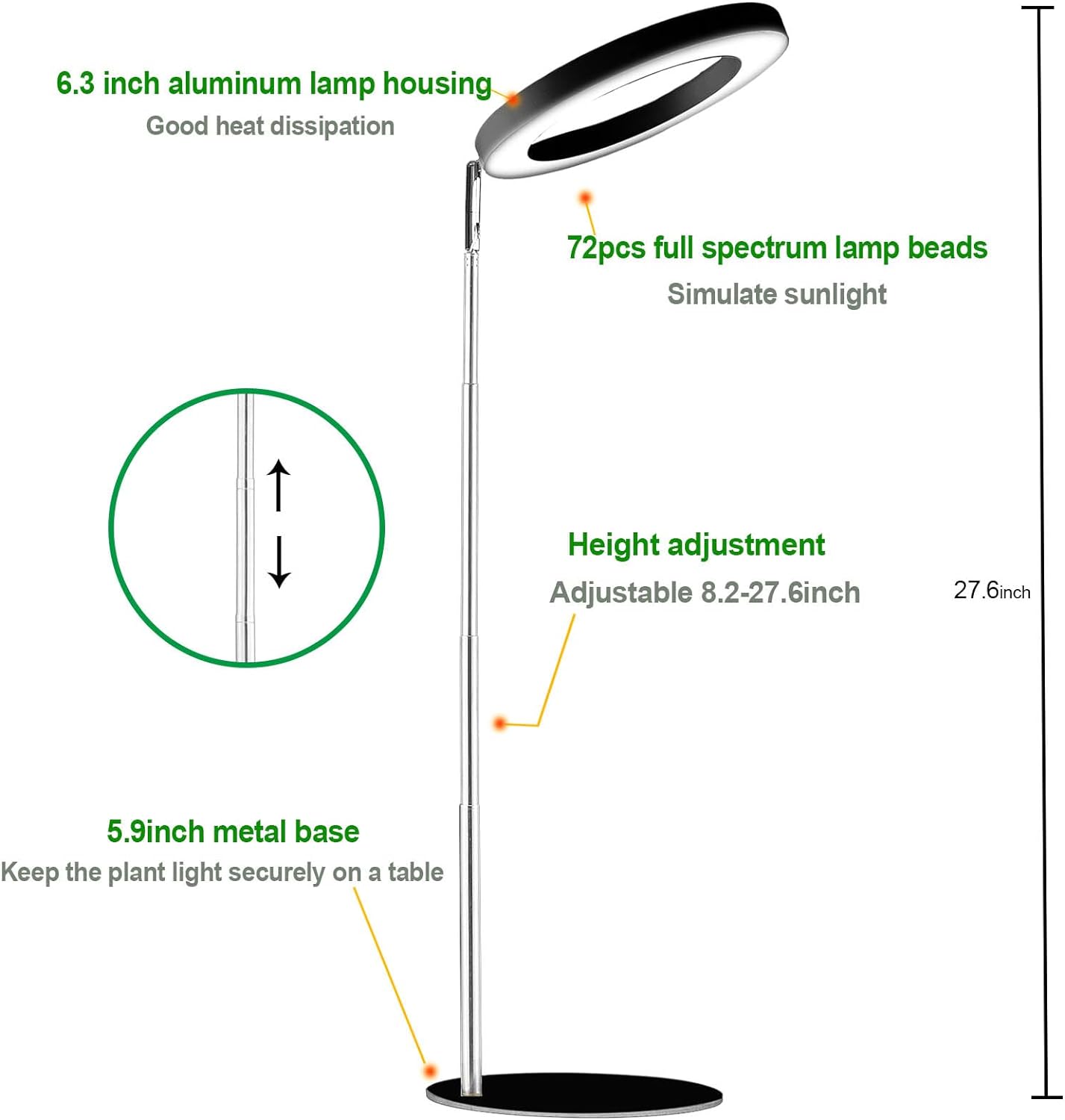 yadoker 72 LEDs Full Spectrum Plant Grow Light with Base for Indoor Plants，Height Adjustable, 6.3" Aluminum Housing,Automatic Timer with 8/12/16 Hours,10-Level Brightness,Black Plant Light,1 Pack