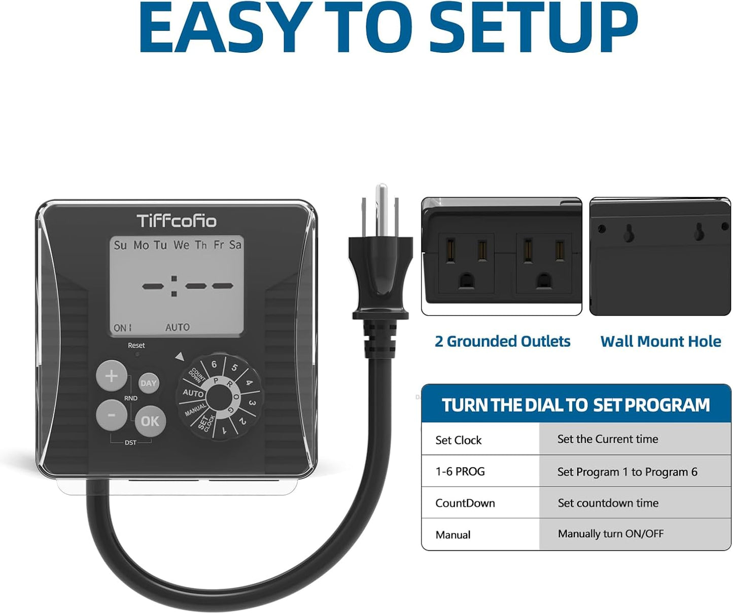 TiFFCOFiO Outdoor Digital Pool Timer, Dial Programmable Method, Outdoor Timer with 2FT Extension Cord Waterproof, 2 Grounded Electrical Outlets for Lights, 6 Sets of Programs,1HP (15A)