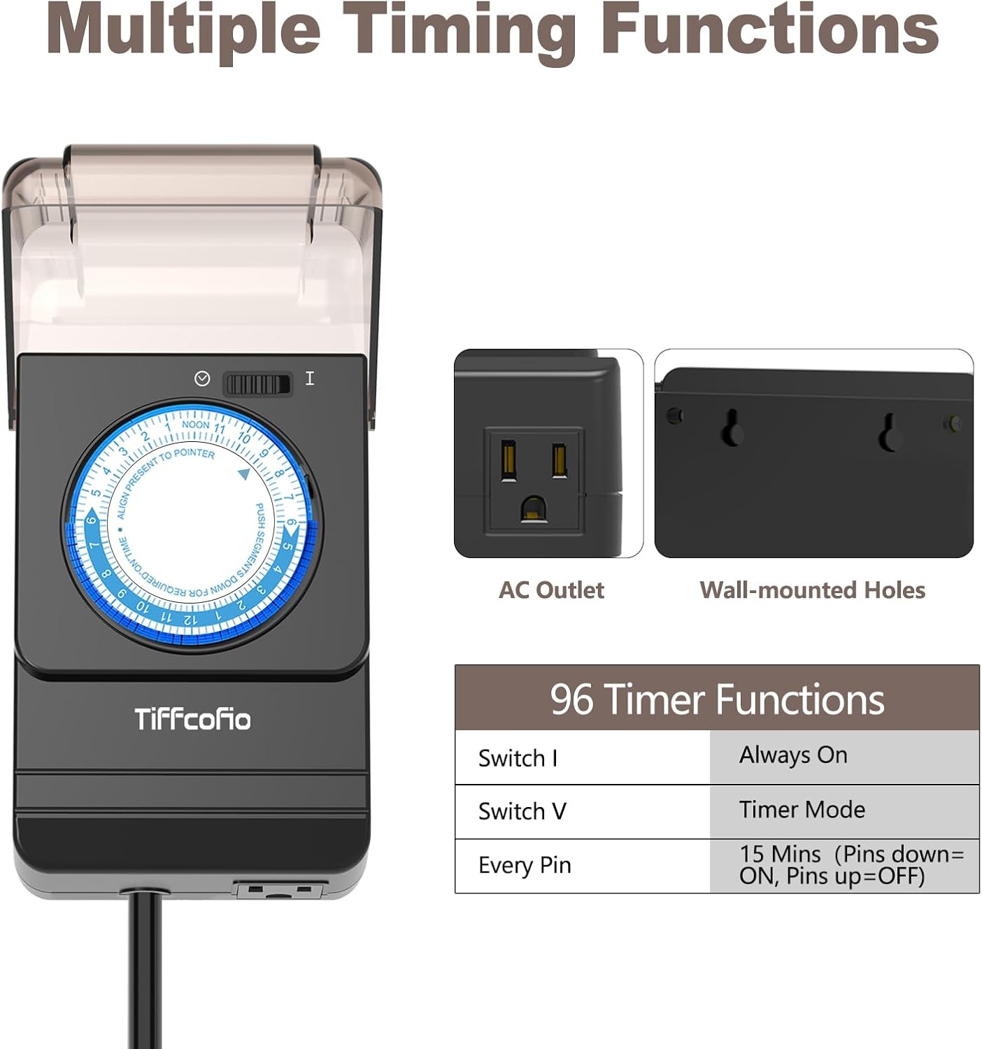 TiFFCOFiO Outdoor Timer Outlet Waterproof, 24 Hour Mechanical Light Timer Outdoor, 2 Grounded Outlets for Home and Garden, 15A 1/2HP, Heavy Duty, ETL Listed (15 Min Interval)