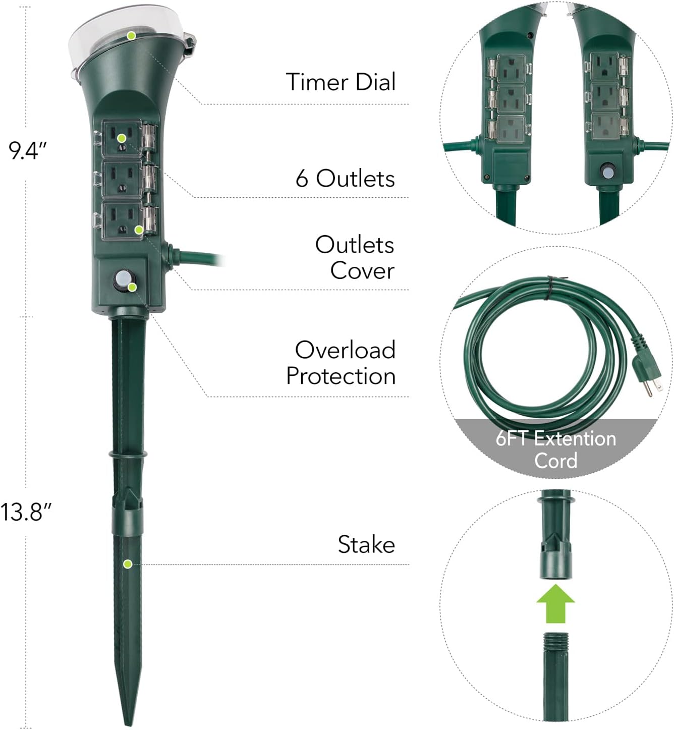 BN-LINK Outdoor Power Stake Timer with Mechanical, 6 Grounded Outlets - 6 ft Cord, Weatherproof for Outdoor Lamps Lights 1875W/15A ETL Listed