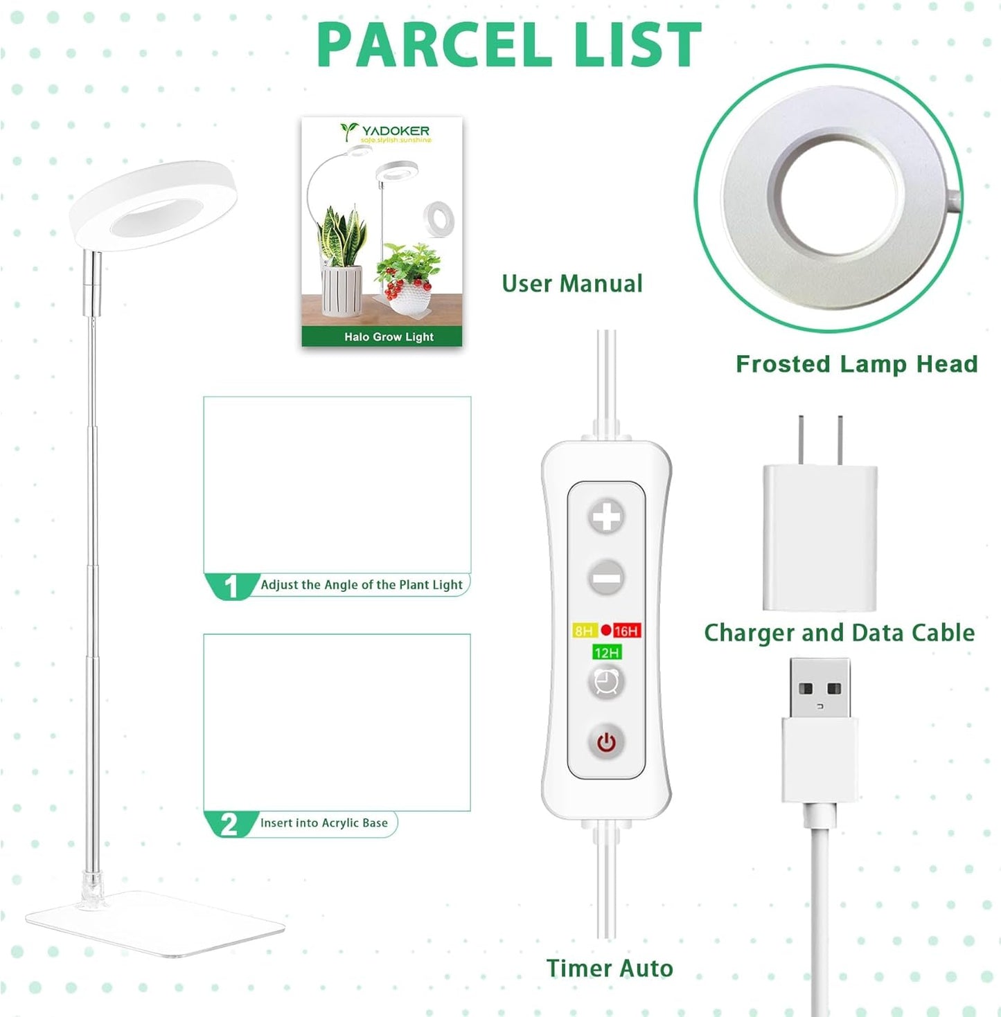 yadoker Halo Plant Grow Light, LED Growing Light with Base Full Spectrum for Indoor Plants,Height Adjustable, Automatic Timer, 5V Low Safe Voltage,Idea for Small Plants