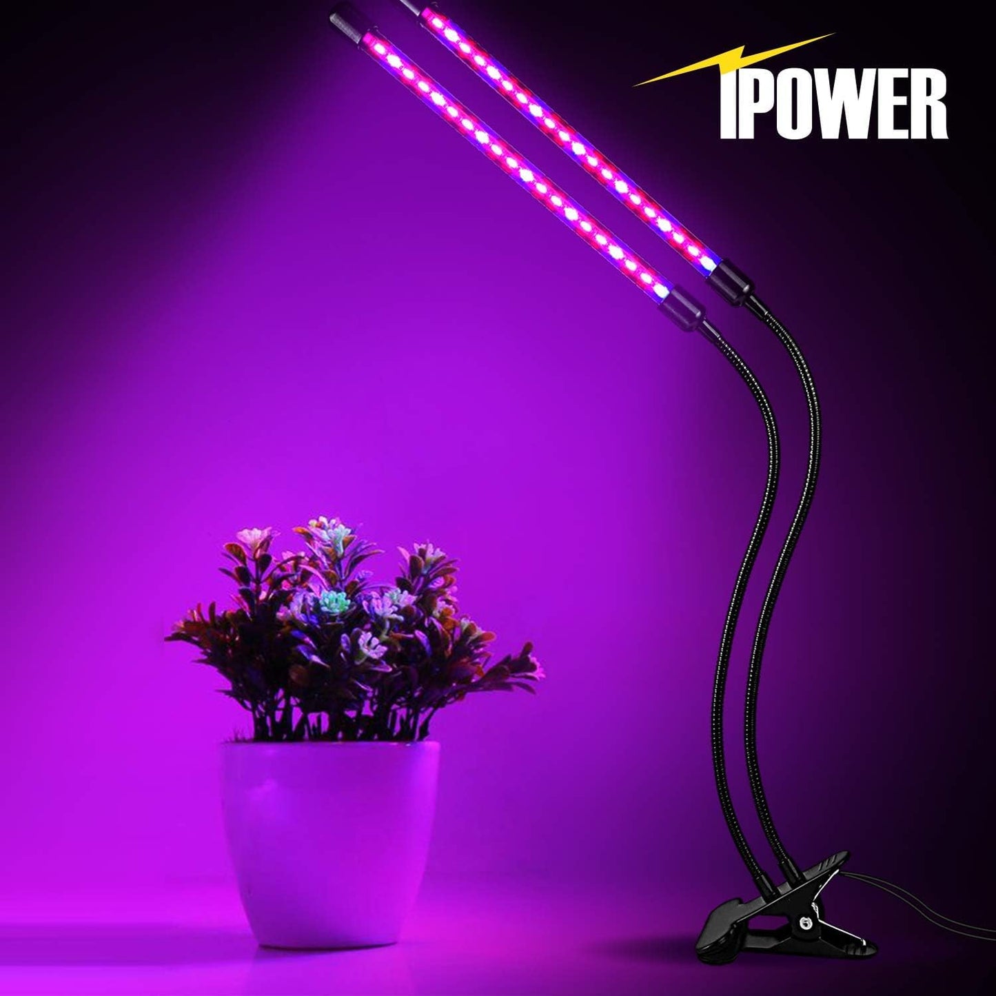 iPower LED Grow Lights for Indoor Plants, Red Blue Spectrum Dual Head Lamp Strips, 11-Level Dimmable, Auto On Off Timing 3 9 12Hrs