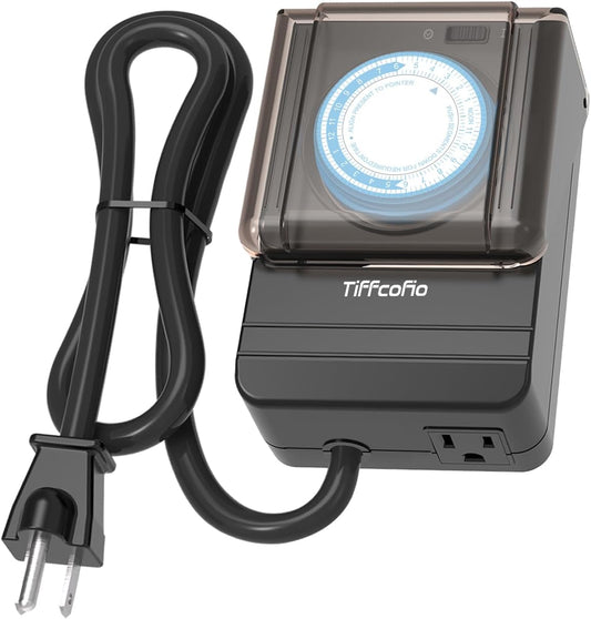 TiFFCOFiO Outdoor Timer Outlet Waterproof, 24 Hour Mechanical Light Timer Outdoor, 2 Grounded Outlets for Home and Garden, 15A 1/2HP, Heavy Duty, ETL Listed (15 Min Interval)