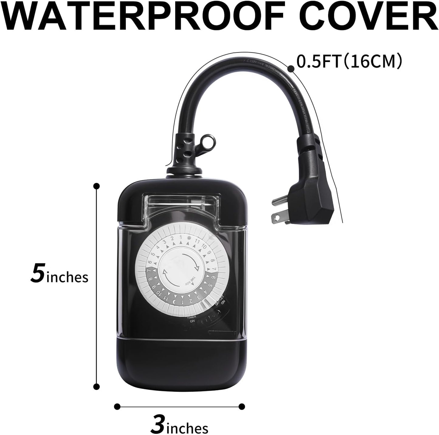 24 Hour Outdoor Mechanical Timer Switch with Two Ground Outlets, Variable On/Off Setting Every 30 Minutes, 48 Pin Setting Dial, Up to 24 Events Per Day,ETL Listed,Black
