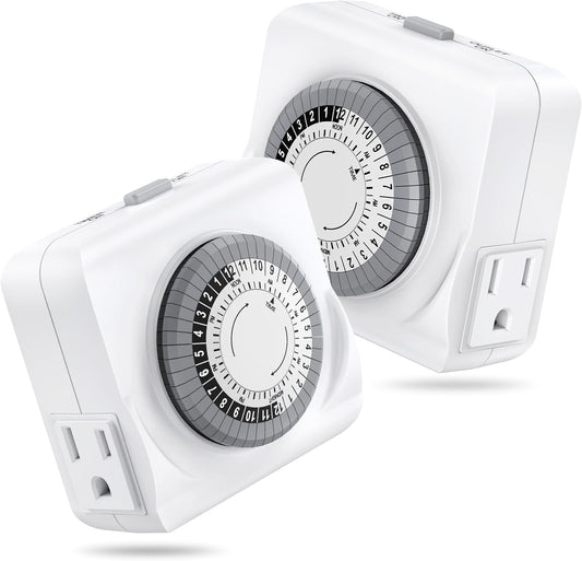 Outlet Timer, 24-Hour Plug-in Mechanical Timer, 2 Grounded Electrical Light Timers Indoor with 30-Minute Intervals, Daily ON/Off Cycle, 3-Prong Plug for Aquariums, Grow Lights, ETL Listed