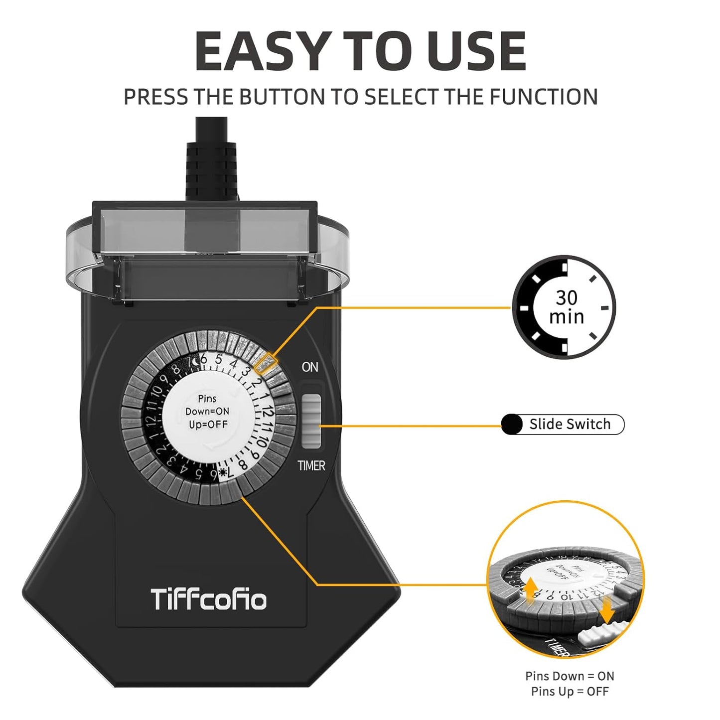 TiFFCOFiO Outdoor Timer Outlet Waterproof, 24 Hour Mechanical Light Timer Outdoor, 3 Grounded Outlets for Home and Garden, 15A 1/2HP, Heavy Duty, ETL Listed (1 Pack)