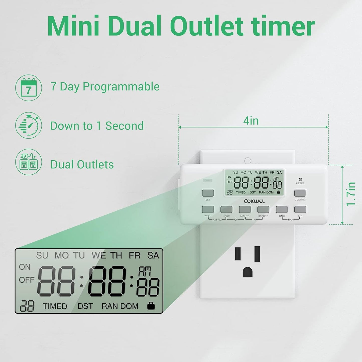 Digital Timer Switch - 2 Pack, 7 Day Programmable, 10 On/Off Settings, 24-Hour & 7-Day Programmable Electric Plug Timer