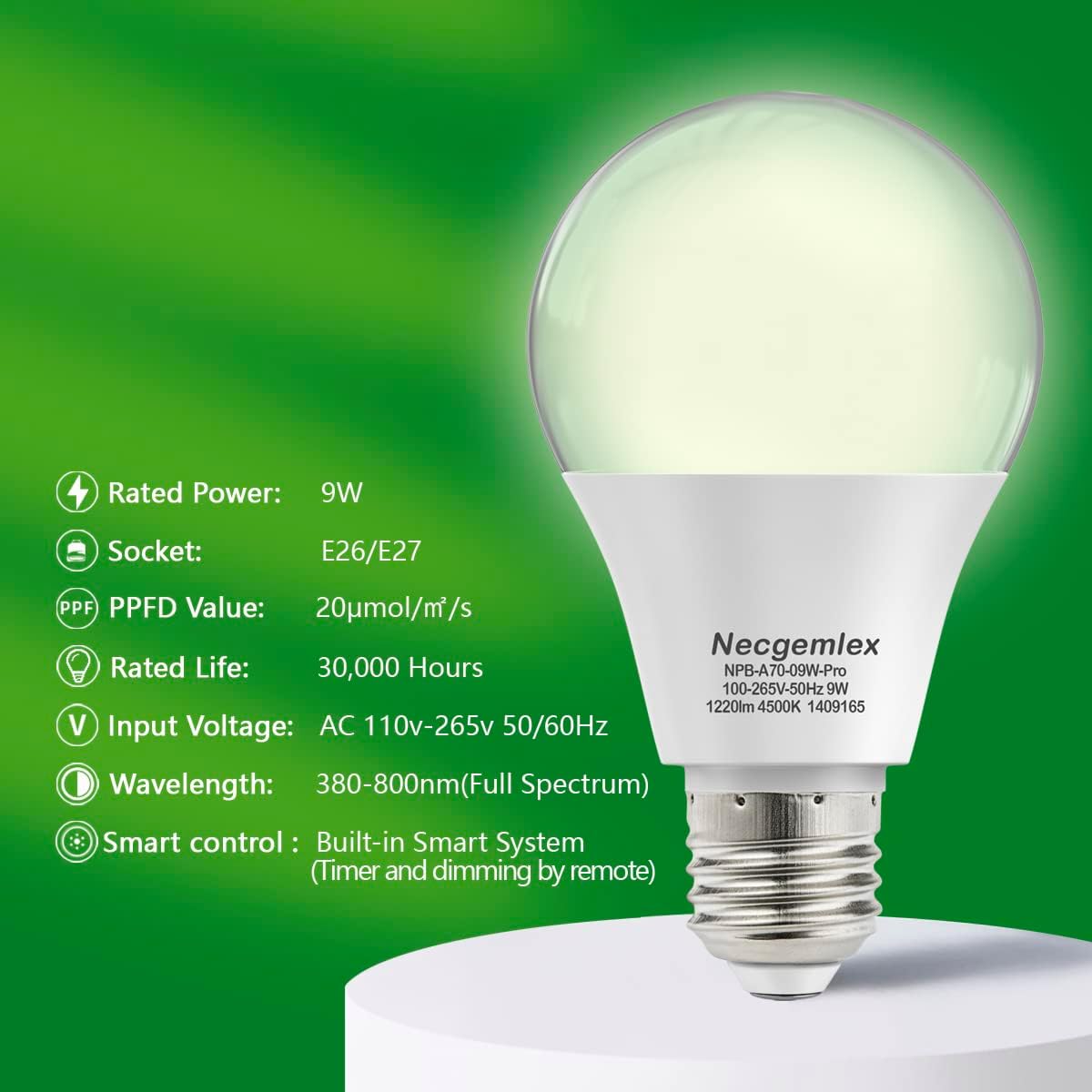 Smart LED Grow Light Bulbs with Remote Controller, Sun Simulation Mode, Built-in Auto Timer, A21/A70 E26/E27 9W Dimmable Full Spectrum Intelligent Plant Grow Bulbs for Indoor Plants, 4 Pack