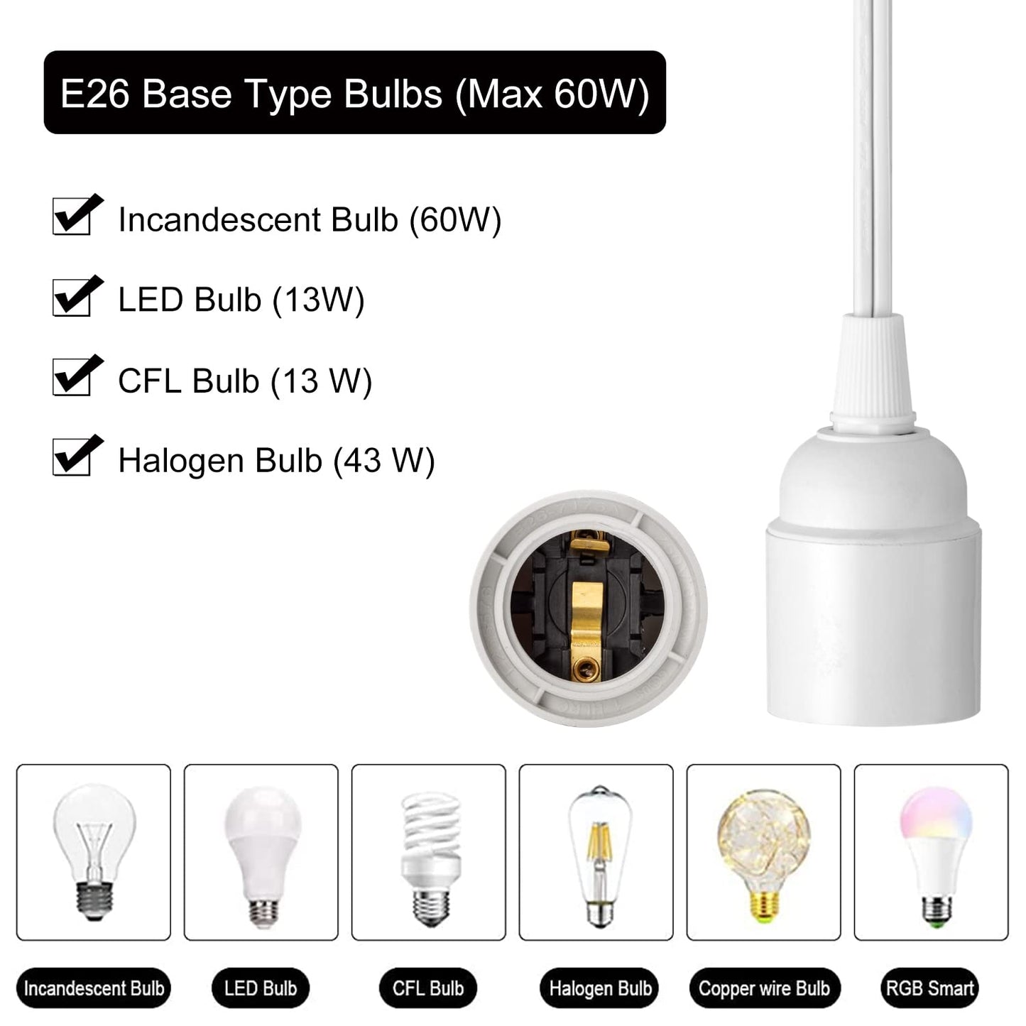 20Ft Extension Hanging Lantern Pendant Light Cord - White, E26 Light Bulb Socket with Cord, On/Off Switch, Polarized Plug, UL Approval Hanging Light Cable with Socket (No Bulb)