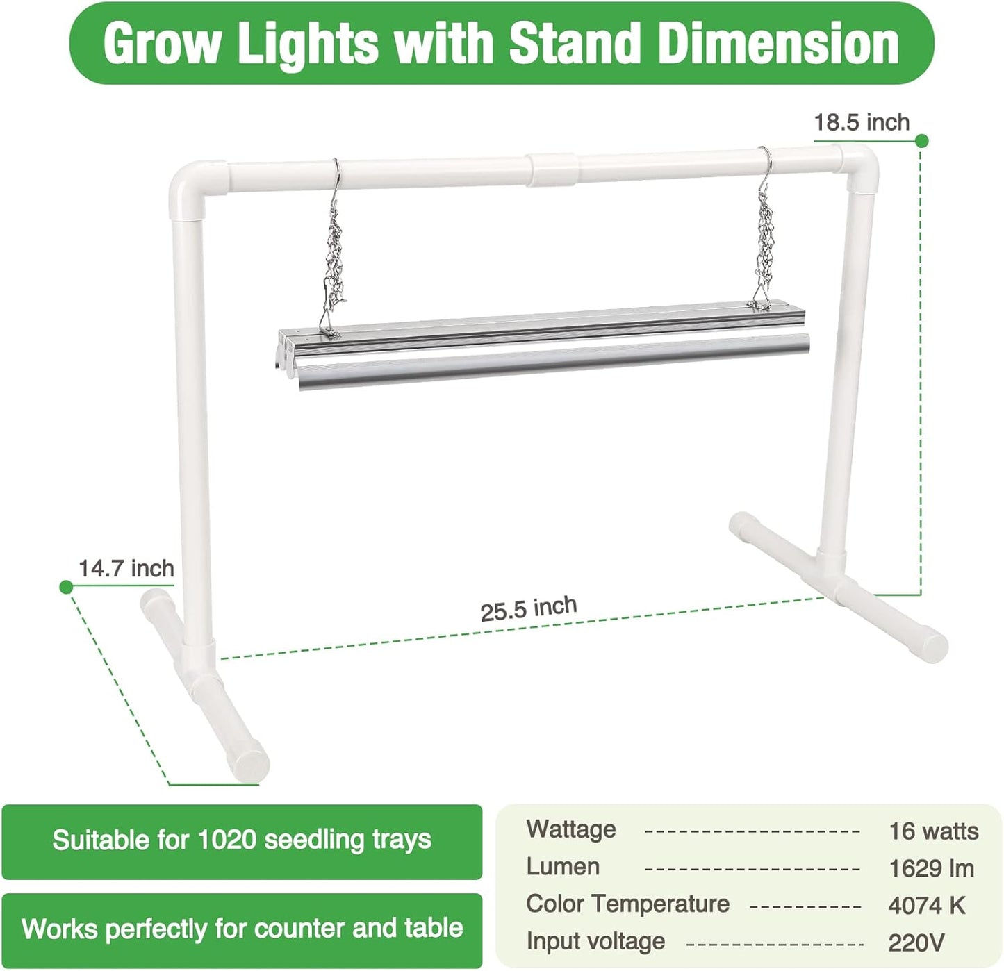 SOLIGT 2 ft Grow Light for Seed Starting with Stand, Double Tube Warm White Full Spectrum Seedling Grow Light for Indoor Plants, 80 LED Chips, Height Adjustable