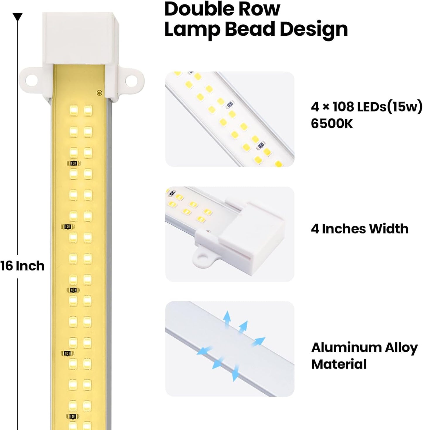 Mosthink Grow Lights for Indoor Plants, 6500K Full Spectrum Plant Lights for Indoor Growing, 16" LED Plant Grow Light Strips with 432 LEDs, 3/6/12H Auto Timer, 6-Level Dimmable, 4-Pack