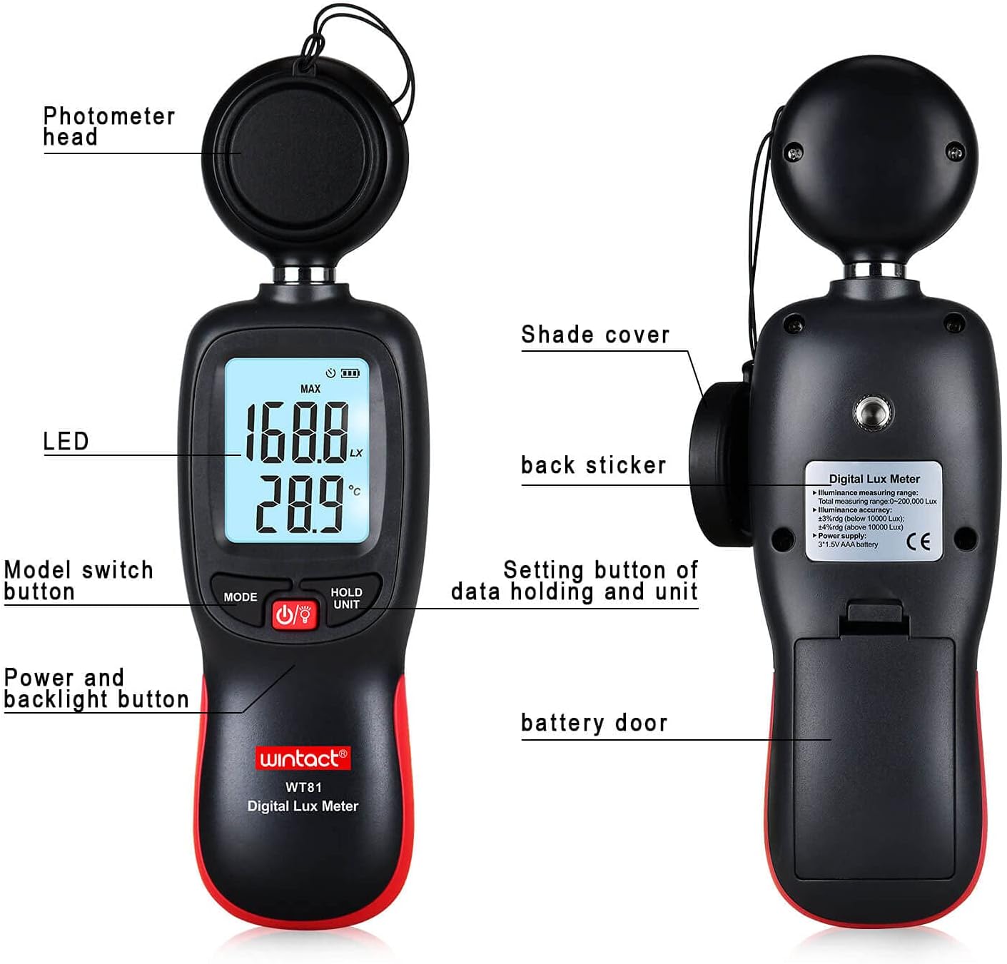 Wintact Digital Illuminance Light Meter Handheld with Thermometer Ambient, Lux Meter Range up to 200,000 Lux, Photometer Light Intensity Sense Test for Garden Indoor Plants LED Grow Light, Photography