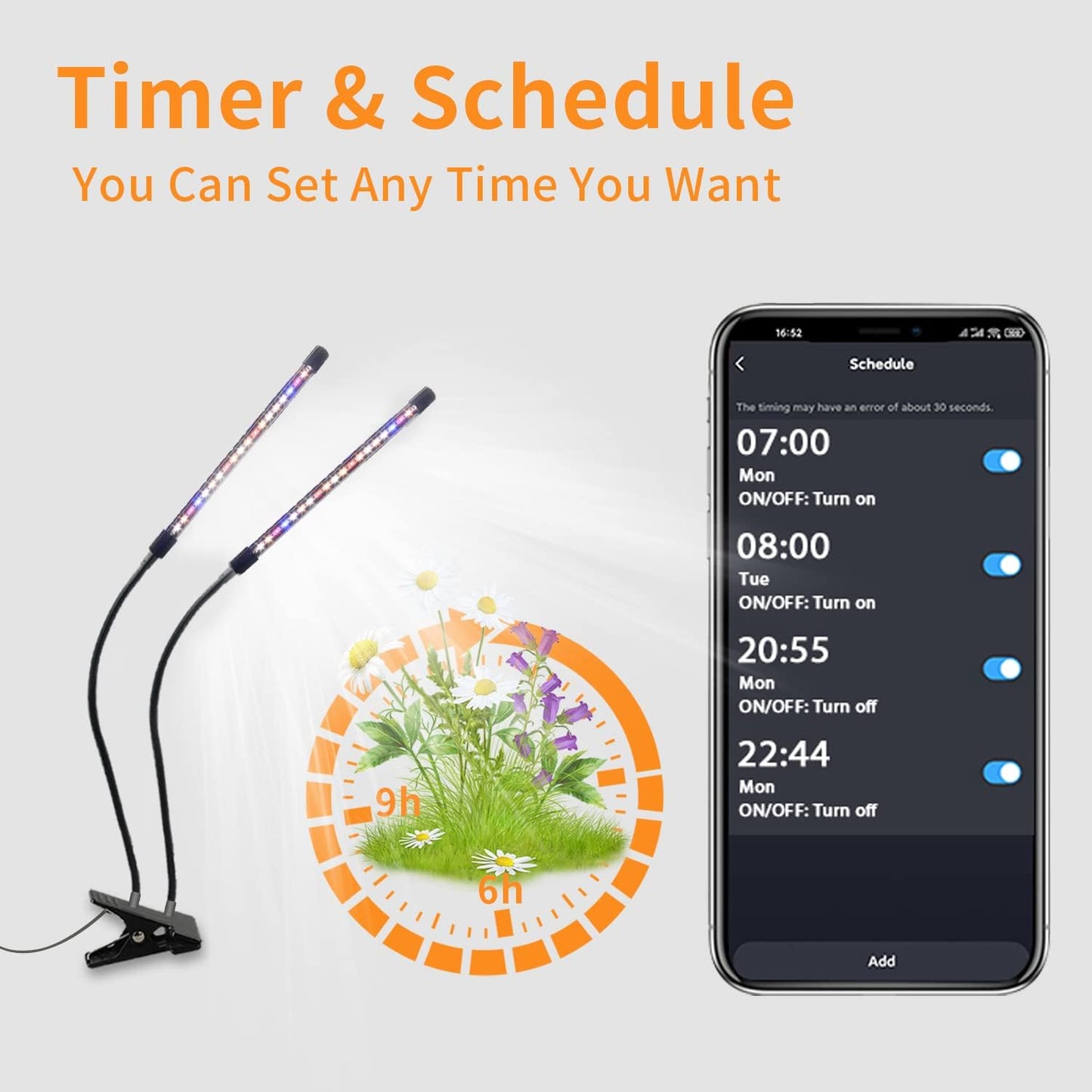 Led Grow Lights for Indoor Plants Full Spectrum, Smart WiFi Led Grow Light with Timer, Dimmable Clip on Grow Light App/Voice Control, Compatible with Alexa/Google/Siri (2 Tube)