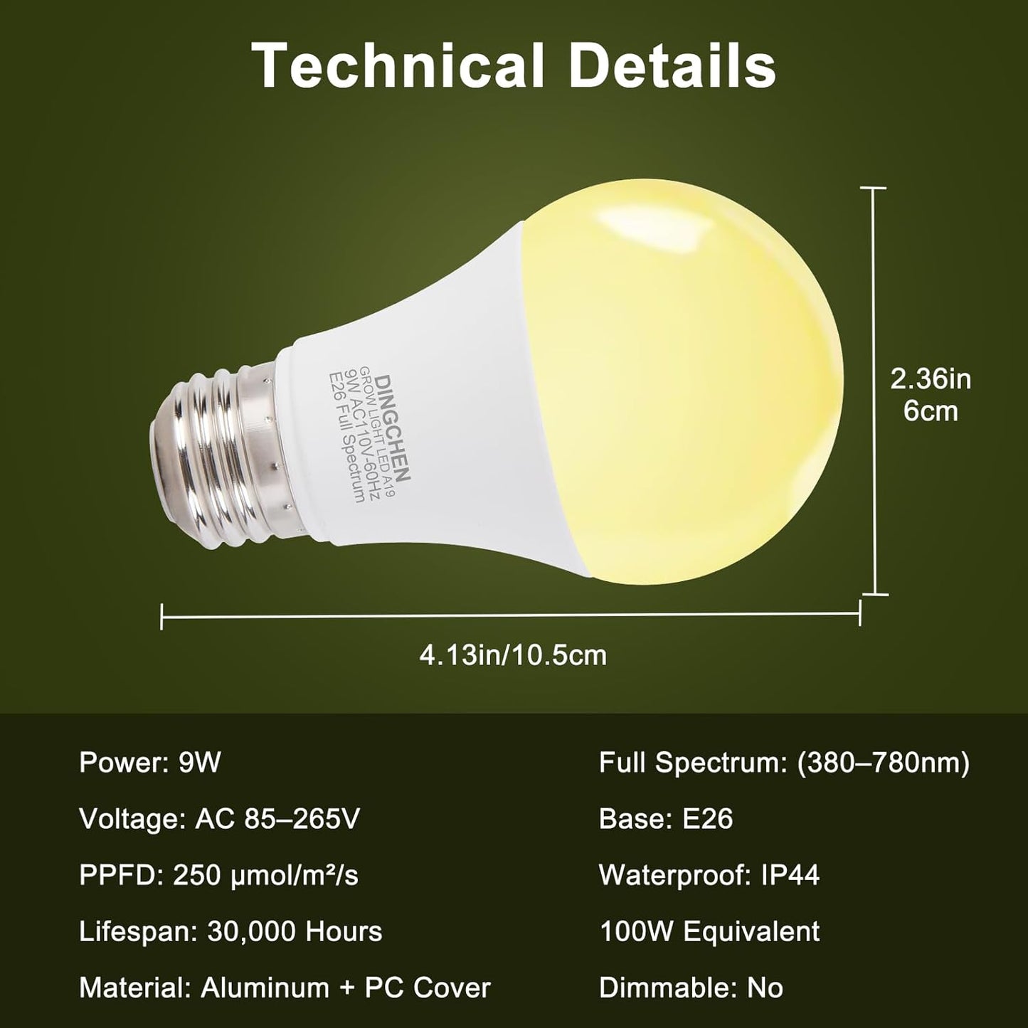 Grow Light Bulbs, A19 Full Spectrum Light Bulb, 9W Plant Grow Lights Bulbs (100W Equivalent), E26 Base, for Indoor Plants, Herbs, Flowers, Vegetables, 6 Pack