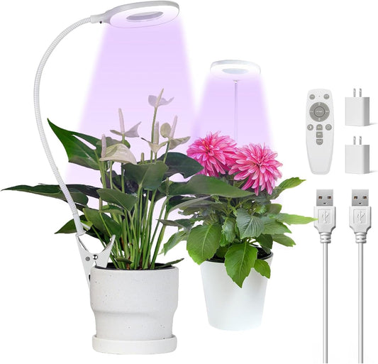 Grow Lights for Indoor Plants, Clip-on Full Spectrum Grow Lamp, Red Blue White Plant Light with 4/8/12H Timer, 10 Level Dimmable for Small Plants Succulents Seedlings, 2 Packs