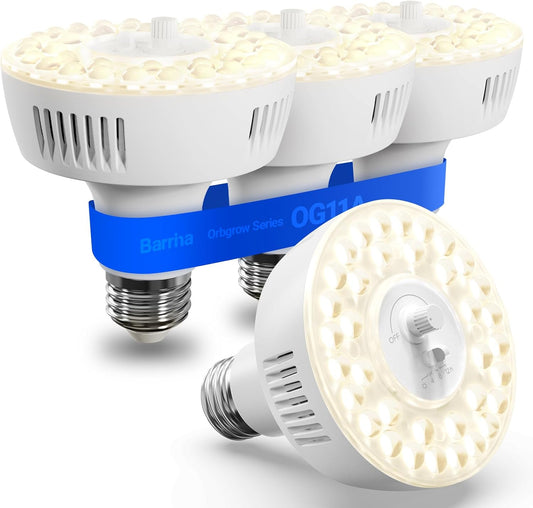 Barrina Orbgrow OG11A Grow Light Bulbs for Indoor Plants, Integrated Dimming & Timing, 4000K 44W(4 x 11W, 400 Watt Equiv), E26 Plant Light Bulb, Full Spectrum for Seeds and Greens, 4 Packs, White