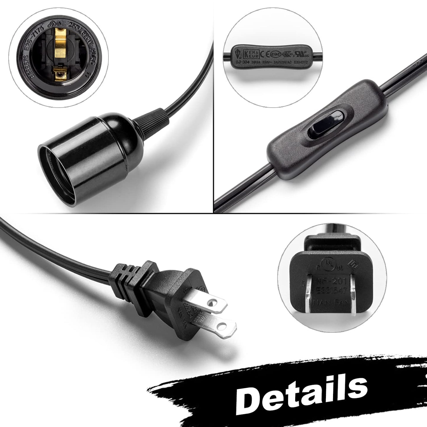 20Ft Extension Hanging Lantern Cord - Black, E26 Light Bulb Socket with Cord, On/Off Switch, Polarized Plug, UL Approval Pendant Light Cable with Socket (No Bulb)