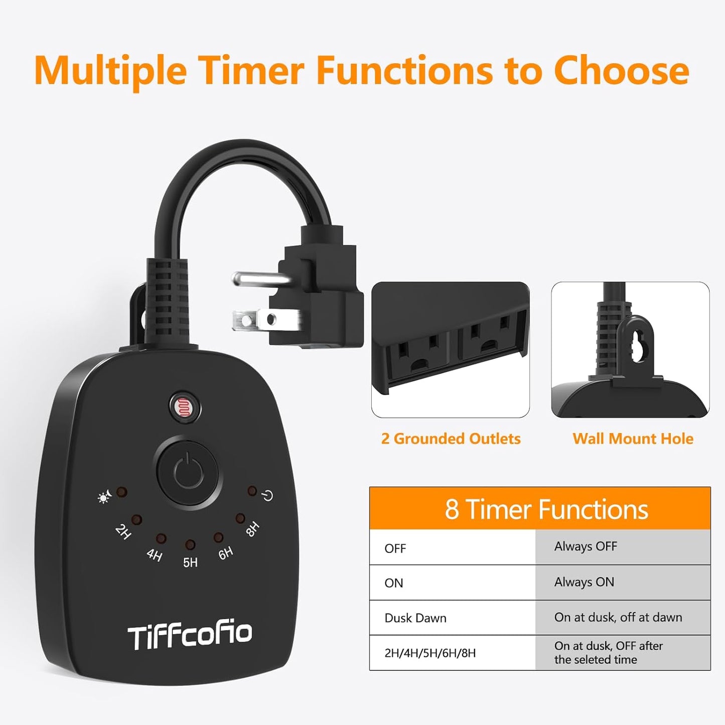 TiFFCOFiO Outdoor Light Timer Waterproof, Remote Control Dusk to Dawn Light Sensor Timer, 100 FT Range, Plug in, 2 Grounded Outlets for Home and Garden, 15A/1875W, ETL Listed