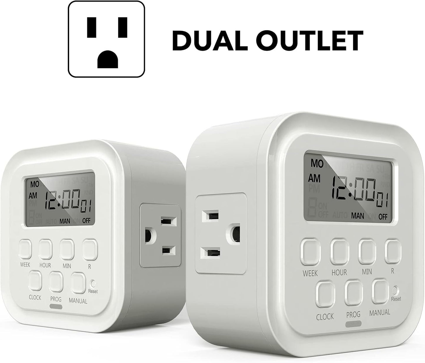 HBN 7 Day Heavy Duty Digital Timer, Dual Outlet, On/Off Programs 3-Prong Programmable Timer, Indoor, for Lamp, Light, Fan, Pets, Home, Kitchen, Office, Appliances, 125V, 15A, 1875W, 60Hz