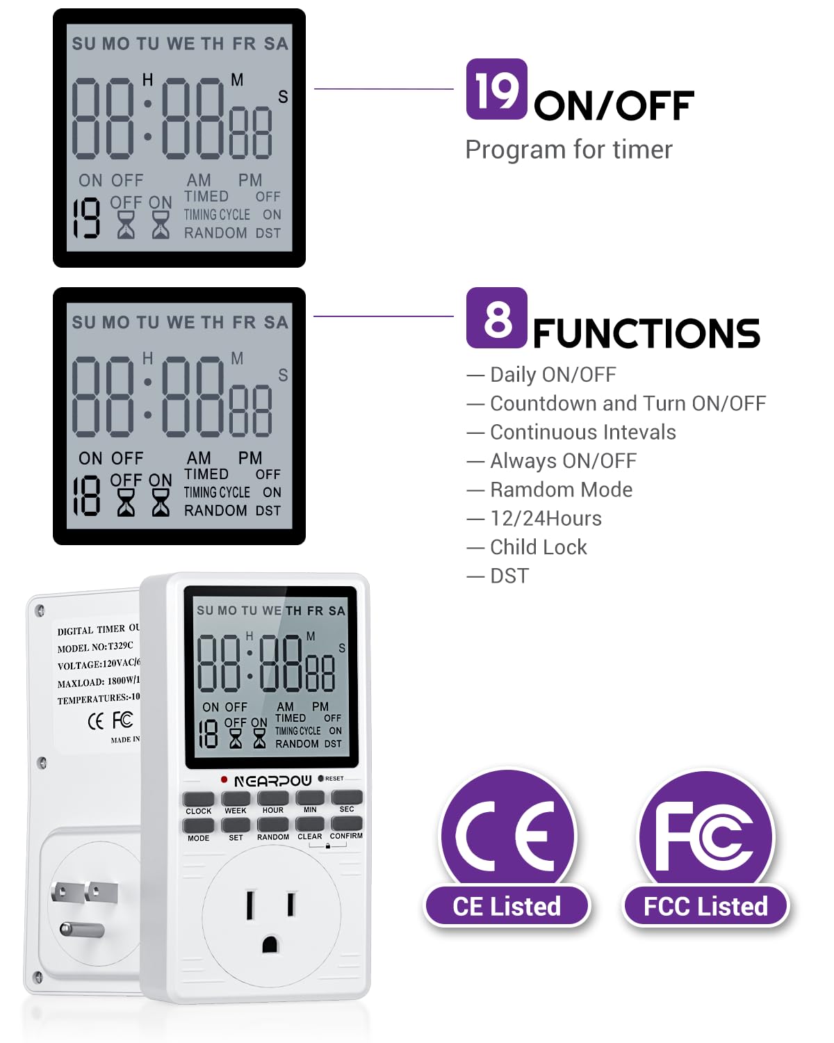 Outlet Timer, NEARPOW Multifunctional Programmable Timer with Countdown and 7-Day Digital Infinite Repeat Cycle Intermittent, 19 ON/Off Programs for Electrical Outlets, 3 Prong, 15A/1800W