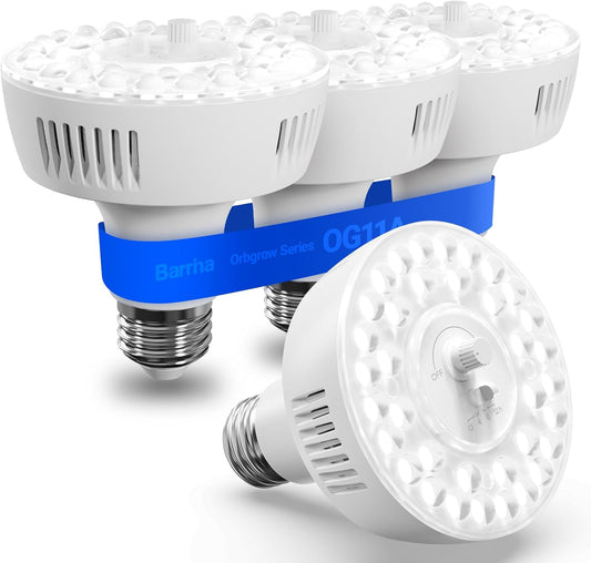 Barrina Orbgrow OG11A Grow Light Bulbs for Indoor Plants, Integrated Dimming & Timing, 5000K 44W(4 x 11W, 400 Watt Equiv), E26 Plant Light Bulb, Full Spectrum for Seeds and Greens, 4 Packs, White